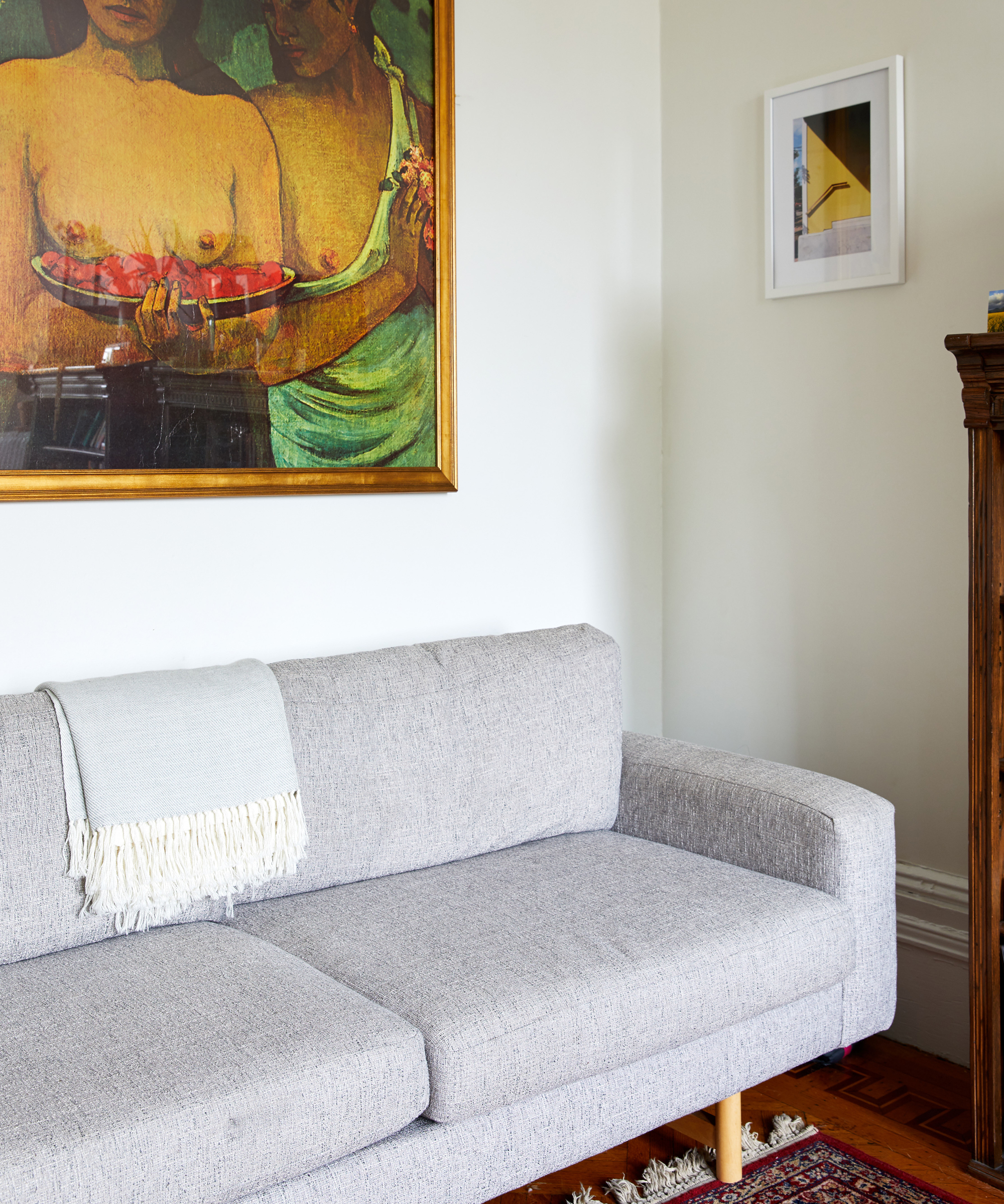 Light grey couch in Trinity Mouzon Wofford's home.