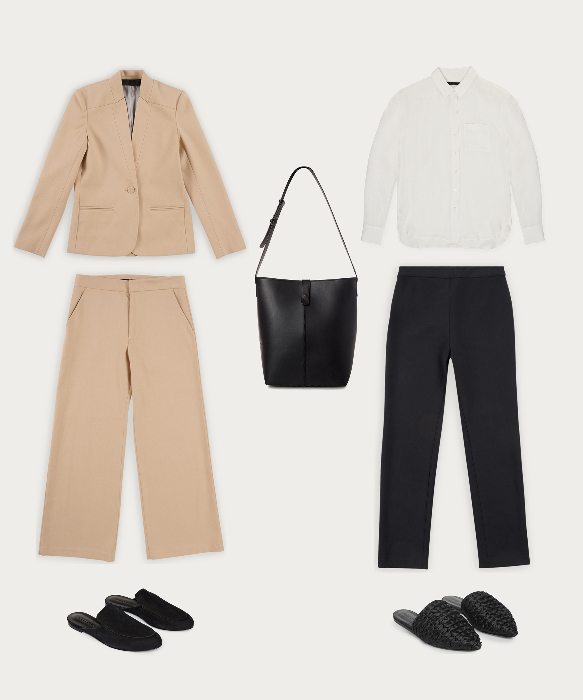 A beige blazer and pants set pairs with black slip-on shoes, alongside a white button-up shirt, black pants, black woven mules, and a black shoulder bag—an effortlessly chic 2020 style arrangement on a white background.