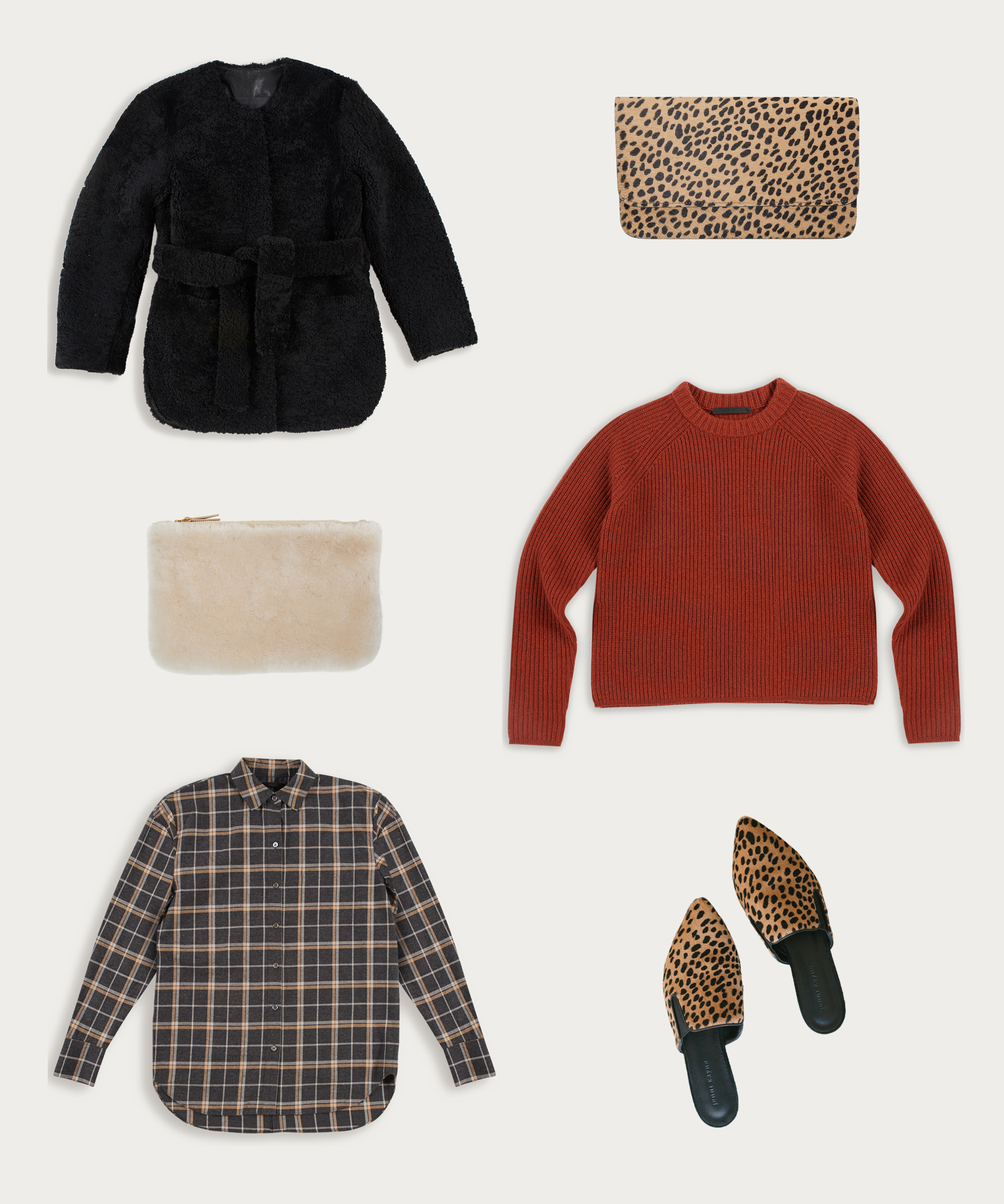 A flat lay of six fashion items exuding 2020 style: a black faux fur coat, a leopard-print clutch, a cream fur pouch, a rust-colored sweater, a plaid shirt, and chic leopard-print slip-on shoes.