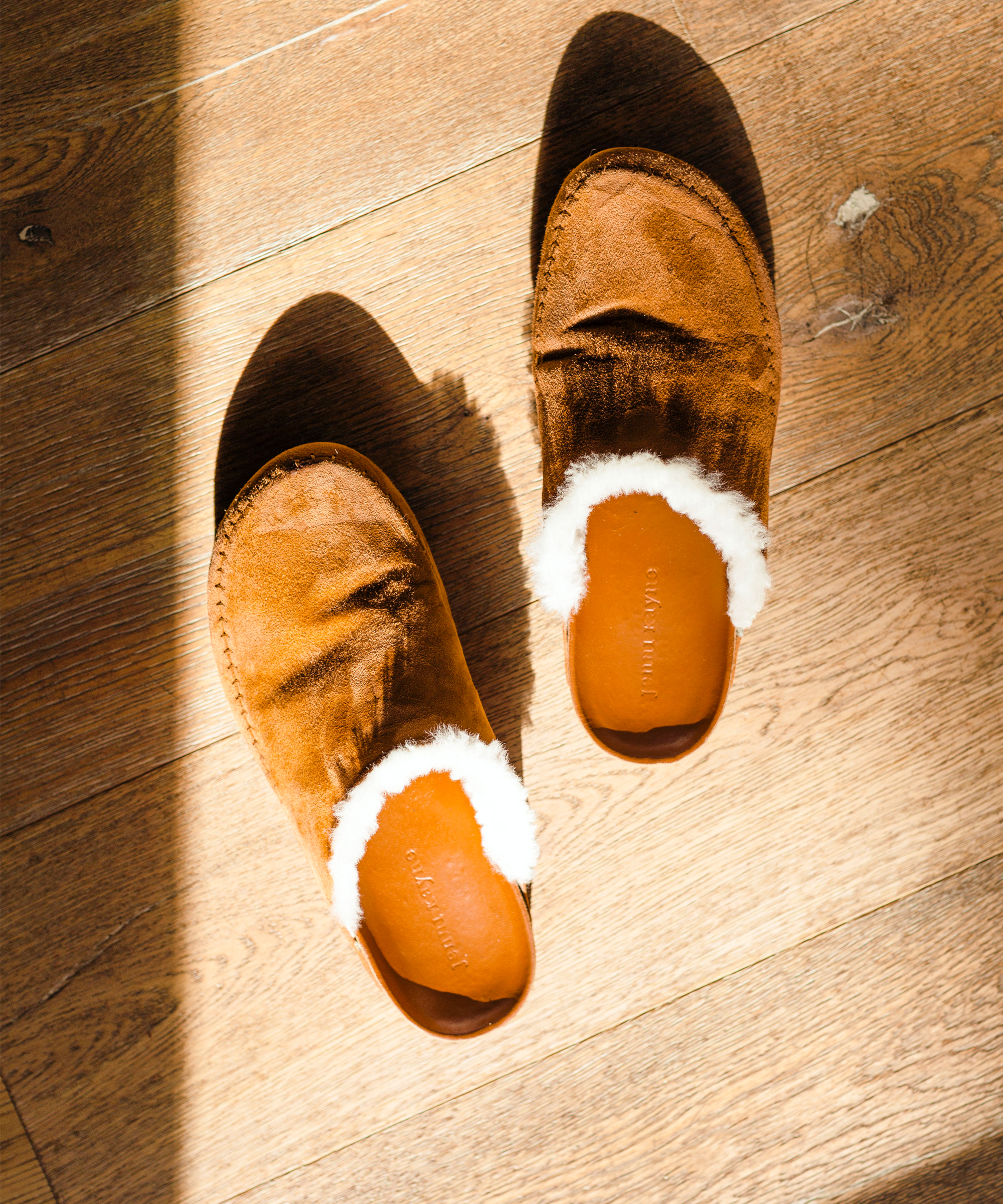 A pair of brown suede slippers with white fuzzy lining sits on a wooden floor, partially illuminated by sunlight, creating a cozy scene perfect for studying your astrology birth chart.