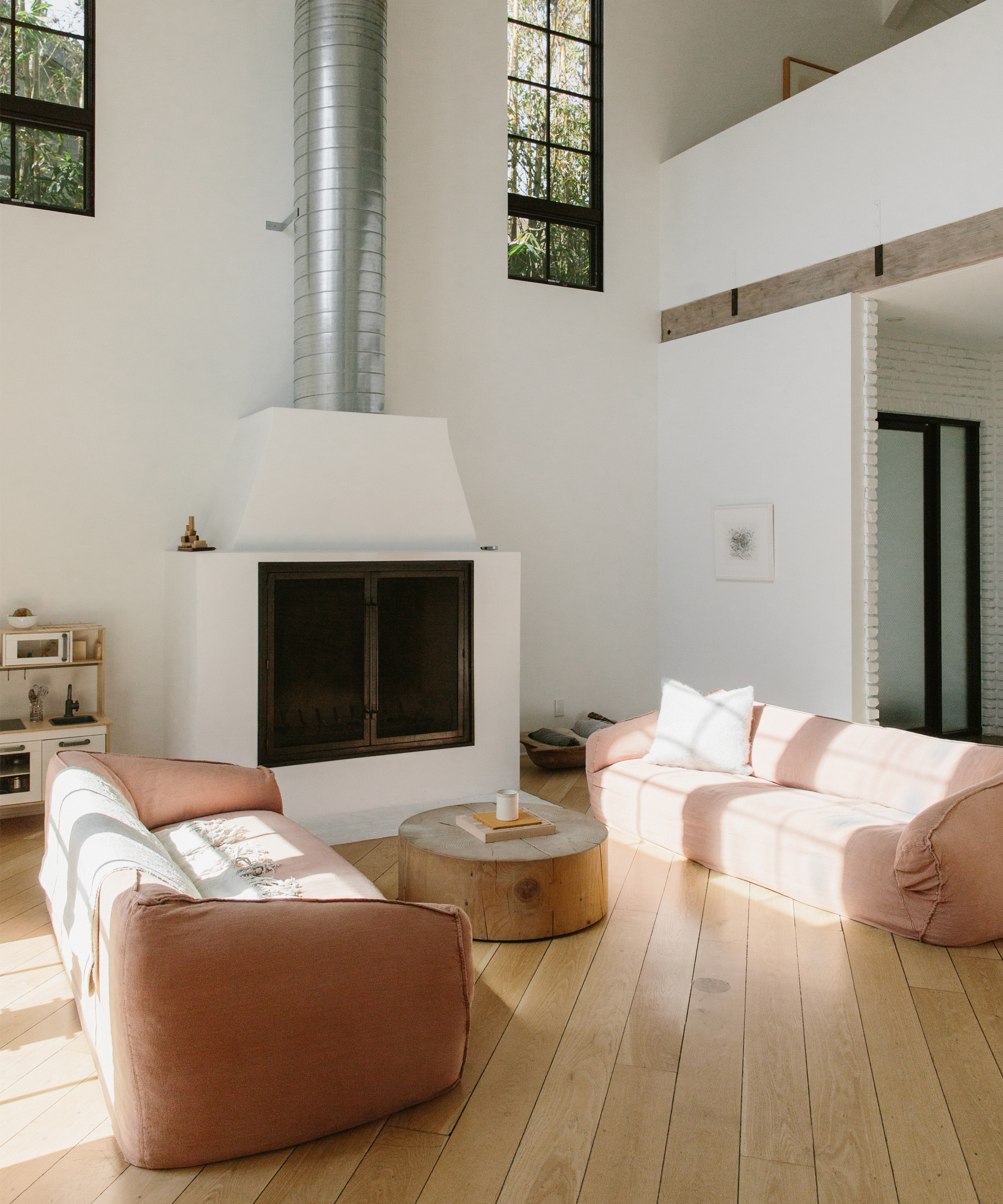 A bright, modern living room with two pink sofas, a round wooden coffee table, and a selection of wellness books—including ara katz seed probiotics—sits by the white fireplace. Sunlight streams through tall windows onto light wood floors.