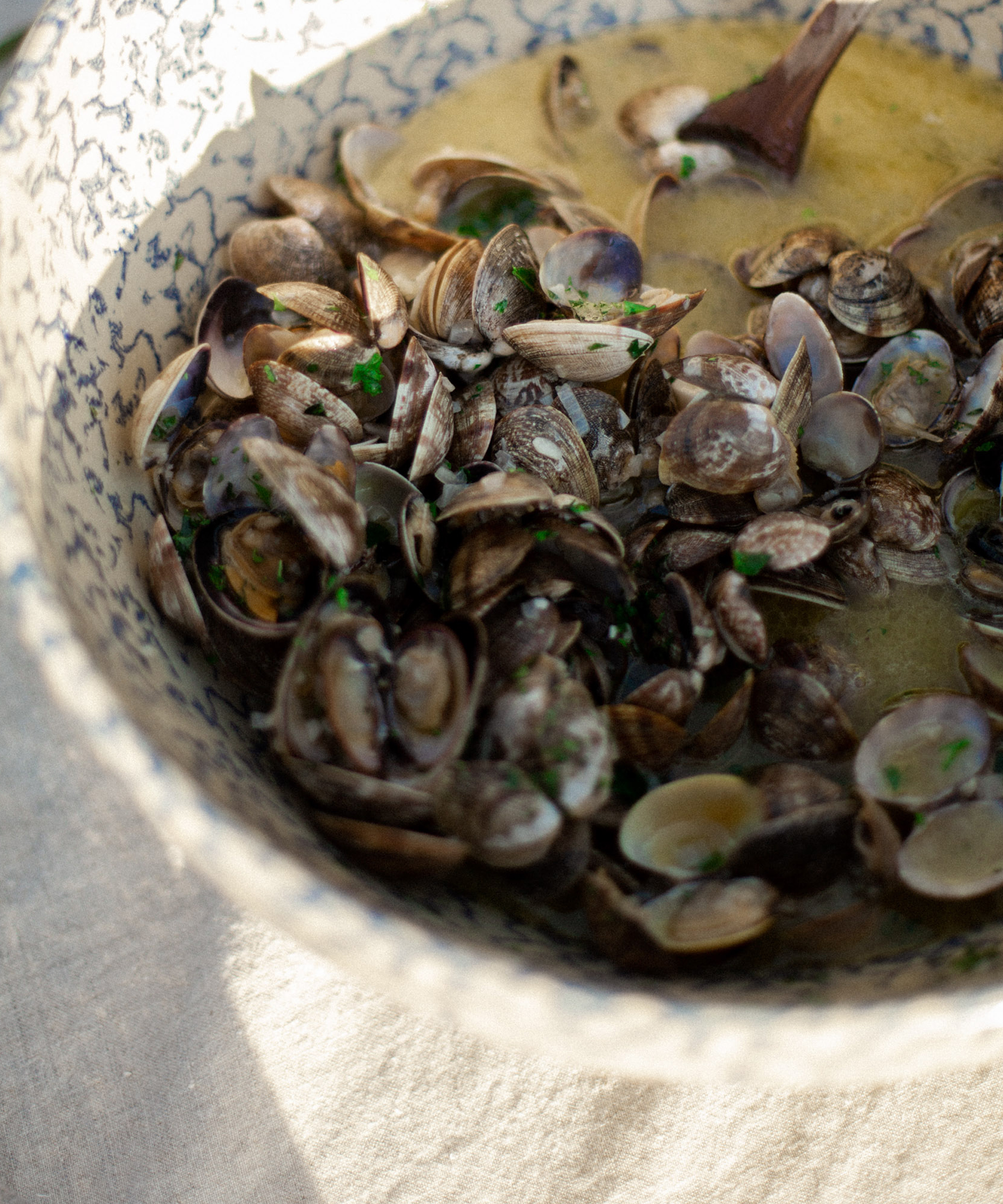 A bowl filled with cooked clams in a broth, garnished with chopped herbs—perfect for an outdoor wedding. A wooden spoon rests in the bowl as sunlight gently lights the dish.