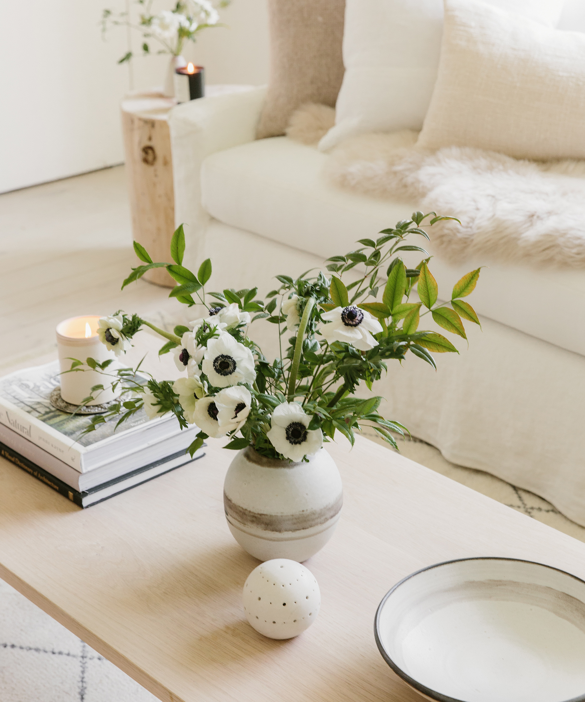Canyon coffee table with a bid vase, ceramic diffuser, stacks of books, and a candle.