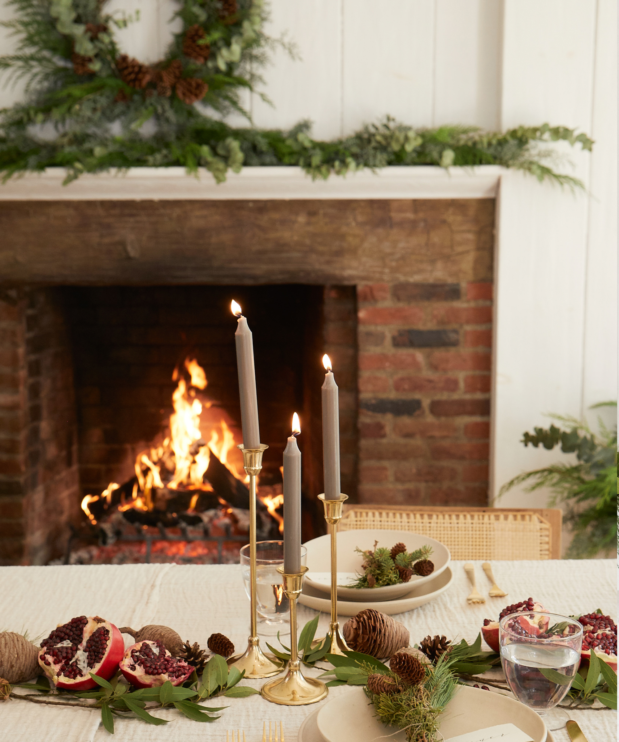 Holiday table with fireplace roaring in the background.
