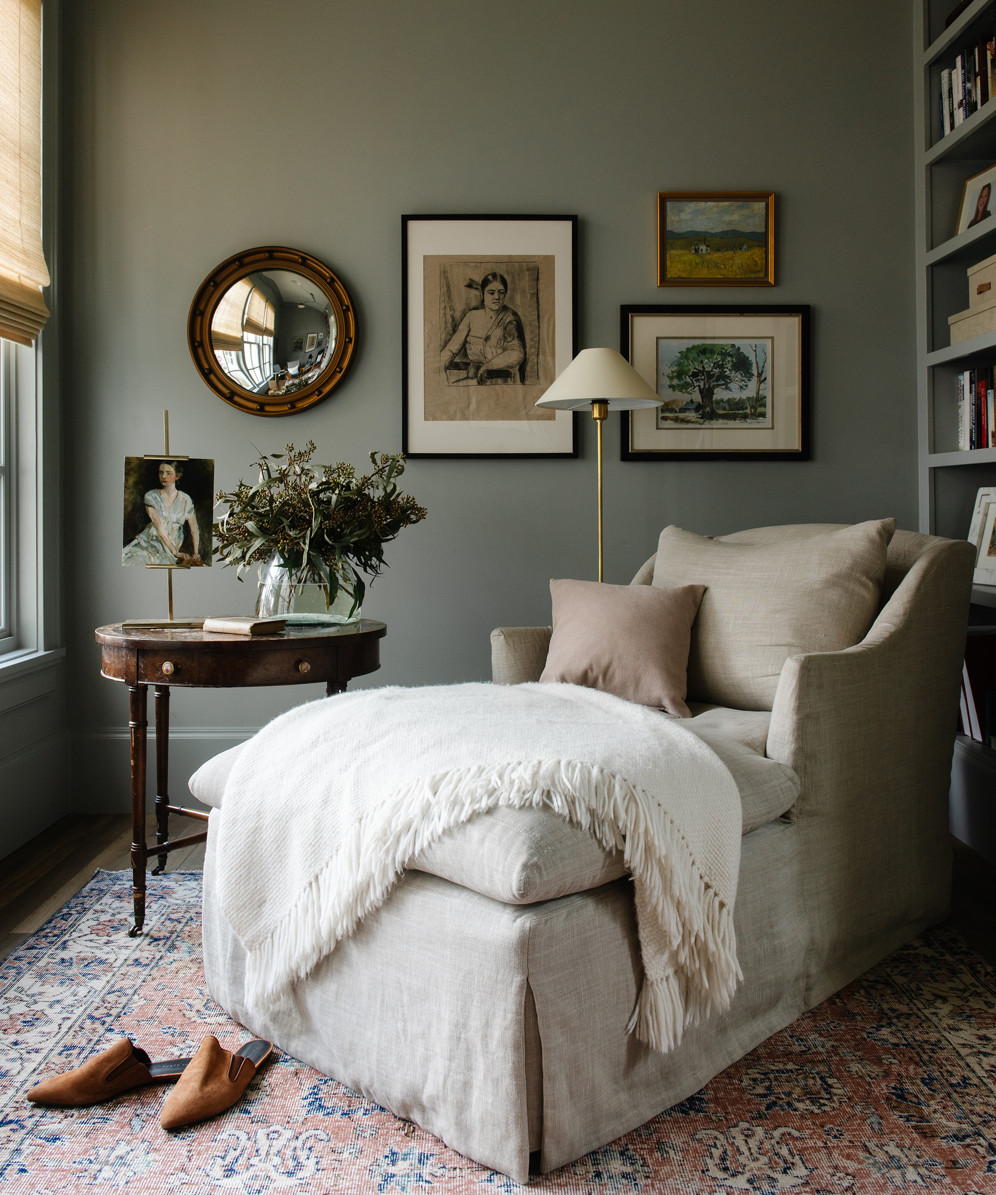 Marianne Brown's home with upholstered chair in the corner with jenni kayne alpaca throw on top.