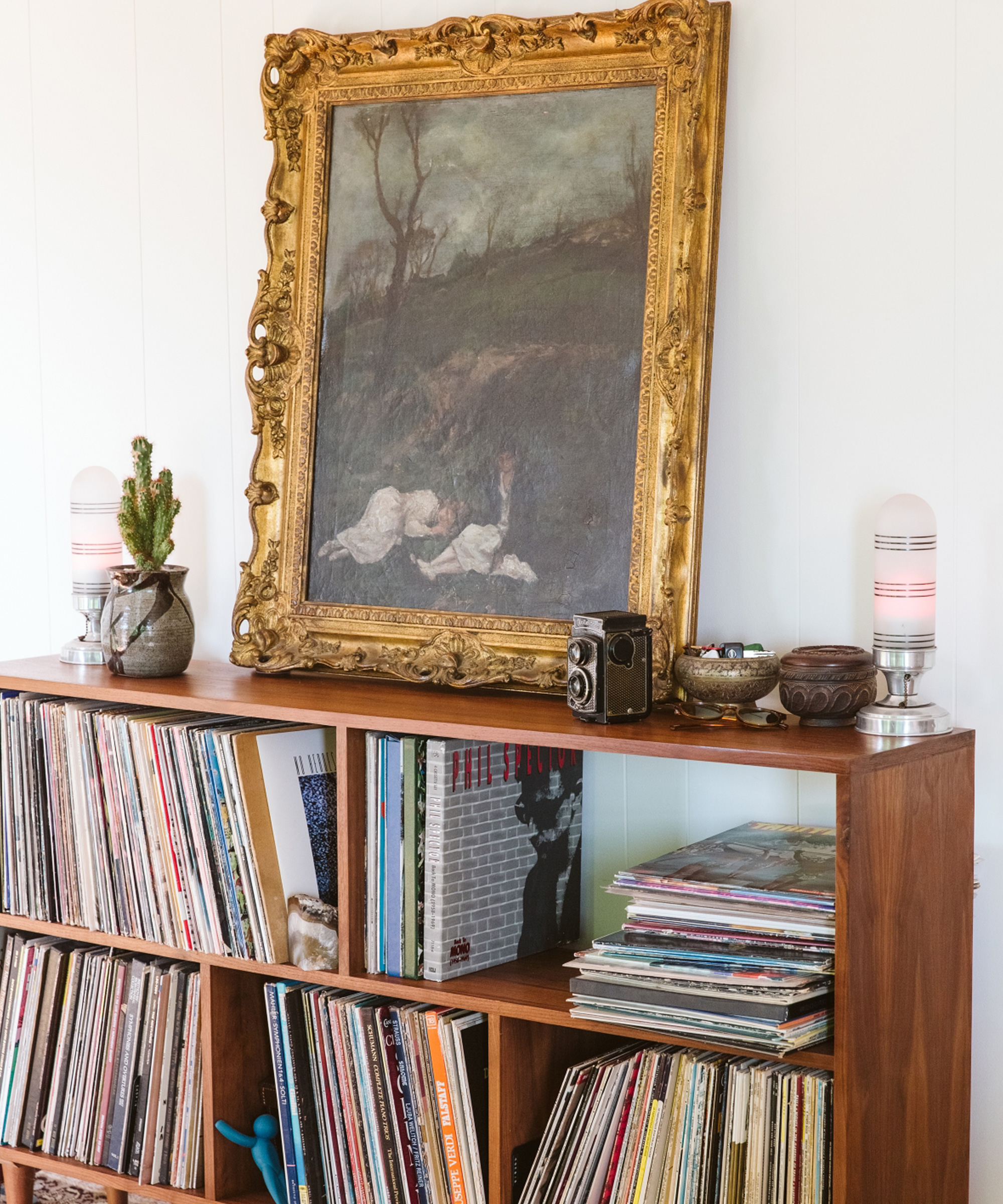 A wooden shelf filled with vinyl records, books, and a few decorative items. On top sits a vintage camera, a small potted cactus, two art deco lamps, and an ornate framed painting—a scene reminiscent of a Marc Gabor photograph.