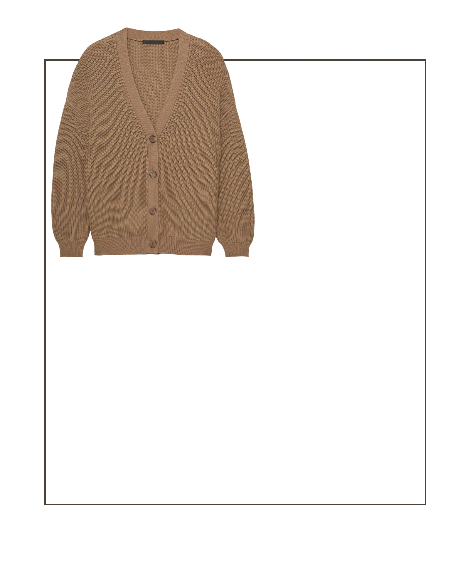 A tan, button-up, long-sleeve knit cardigan is displayed in the upper left corner of a white background with a thin black border—perfect for layering over summer dresses.