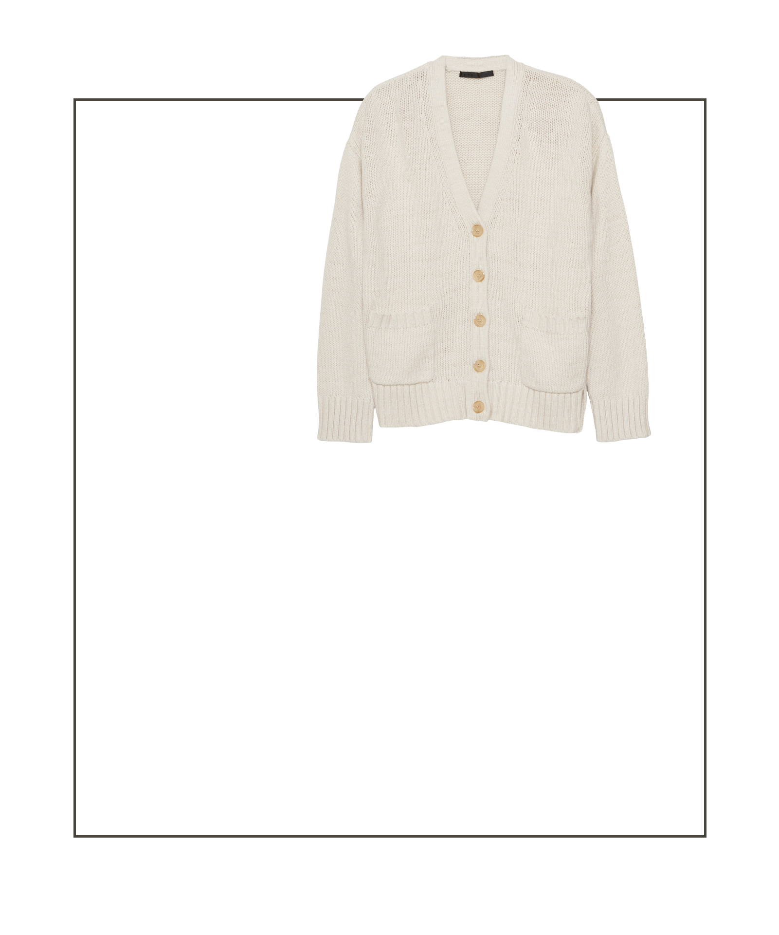 Cream-colored knitted cardigan with long sleeves, ribbed cuffs and hem, front patch pockets, and a row of tan buttons down the front—perfect for layering over summer dresses, displayed on a white background.