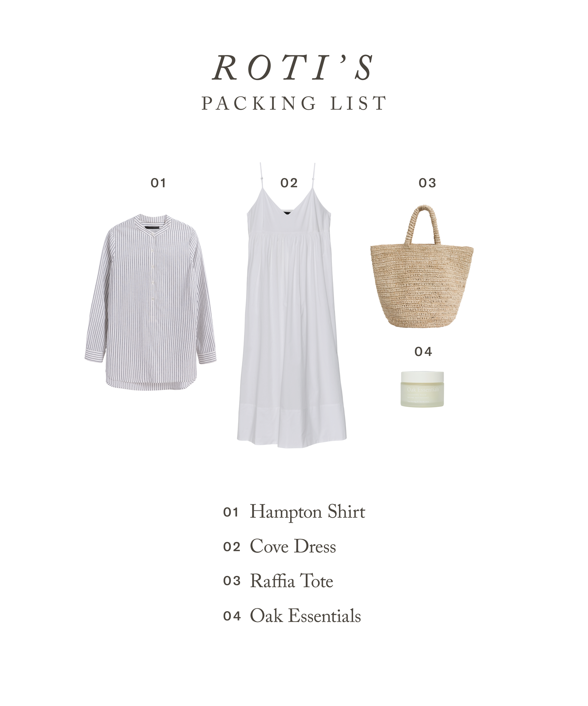 A minimalist packing list highlighting travel style: a striped Hampton shirt, white Cove dress, woven raffia tote bag, and a small jar of Oak Essentials skincare, all neatly arranged on a white background.
