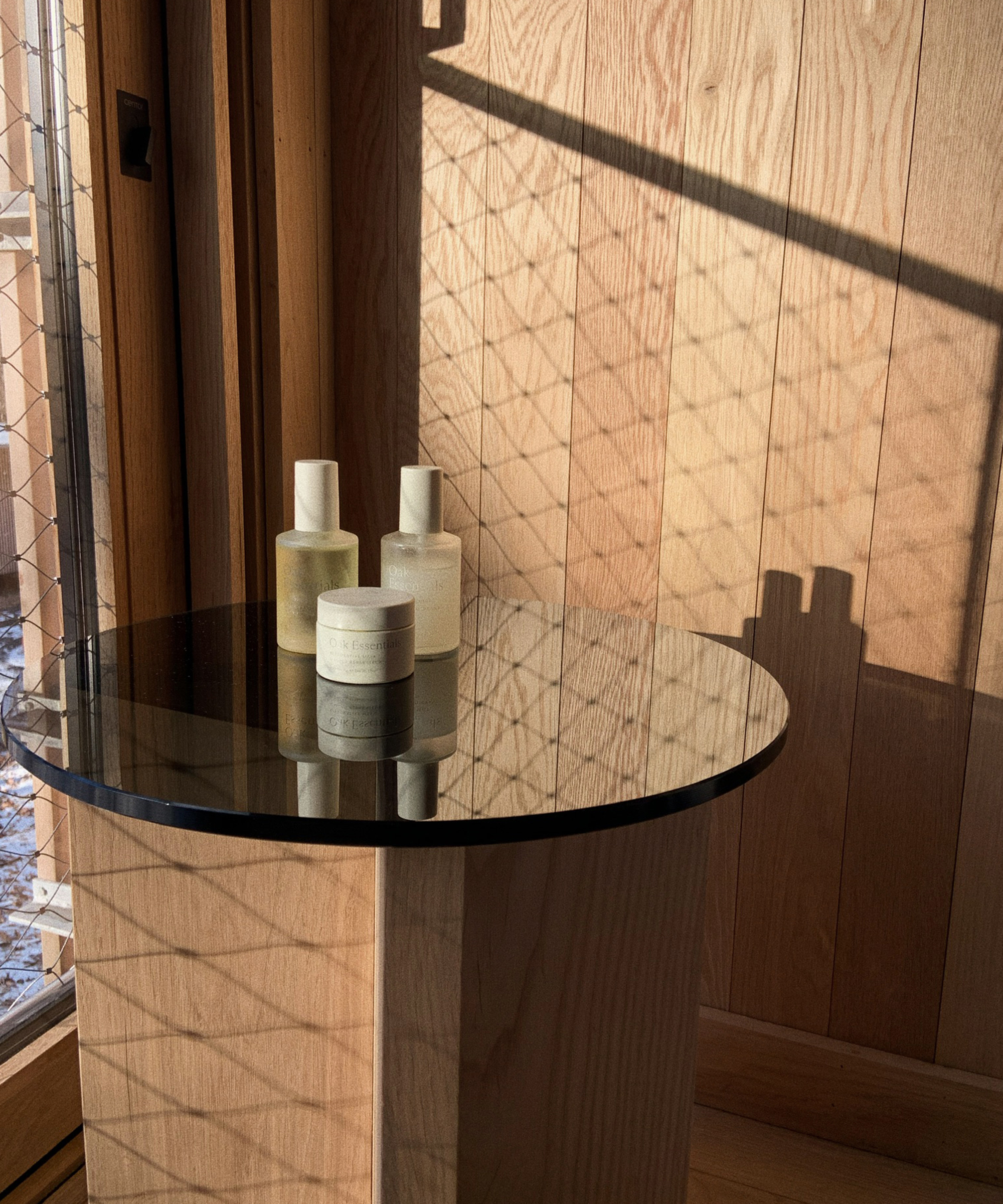 image of oak essentials products on a side table