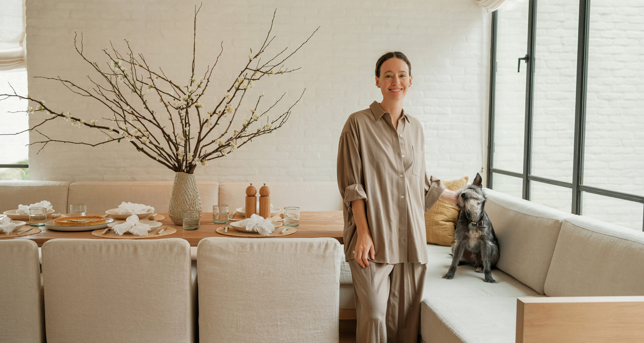 spring-brunch-sweet-laurel-wide-tabletop-jenni-hazel-relaxed-with-dog