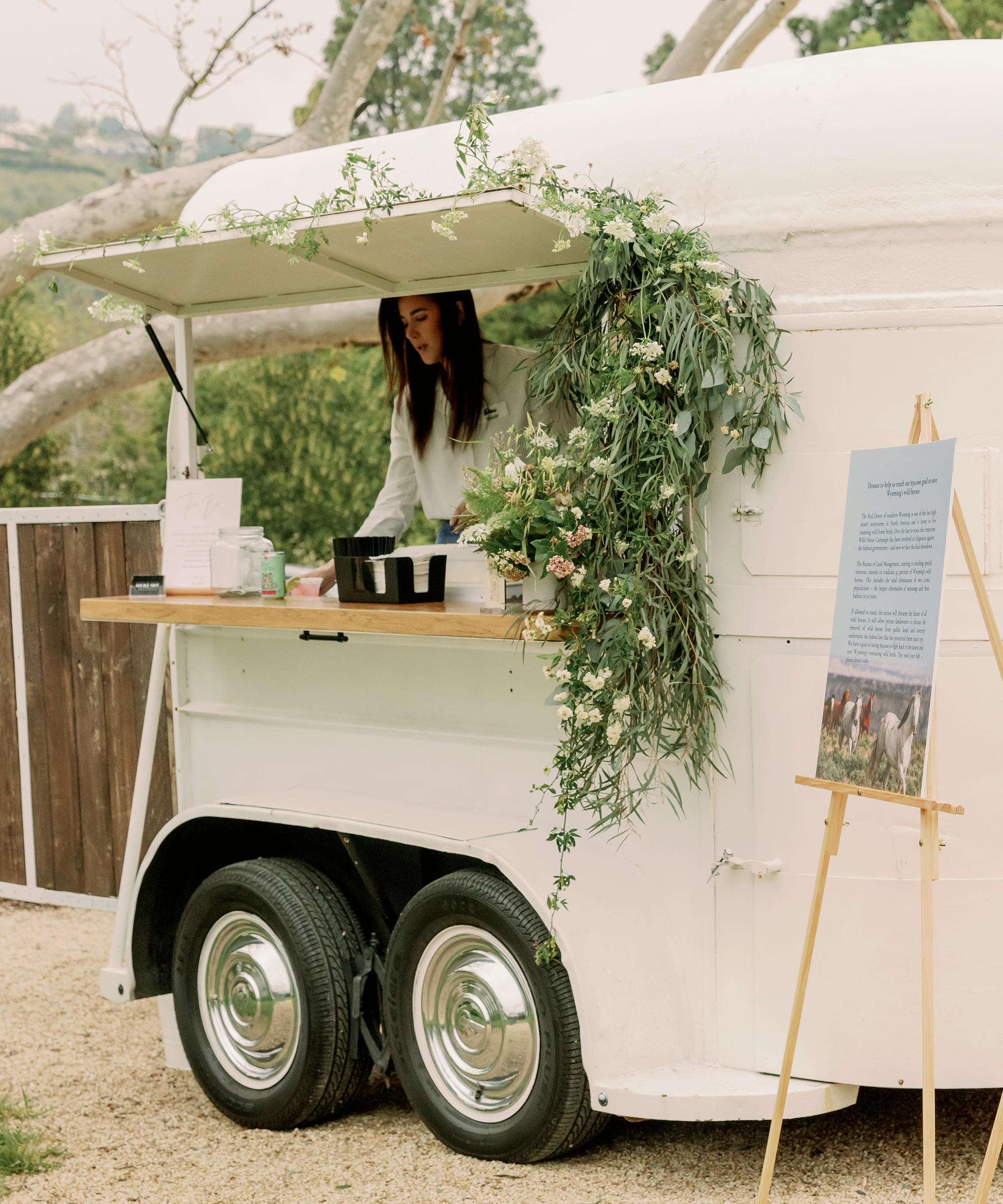 ivory drink cart with greenery handing from the roof and a person serving drinks