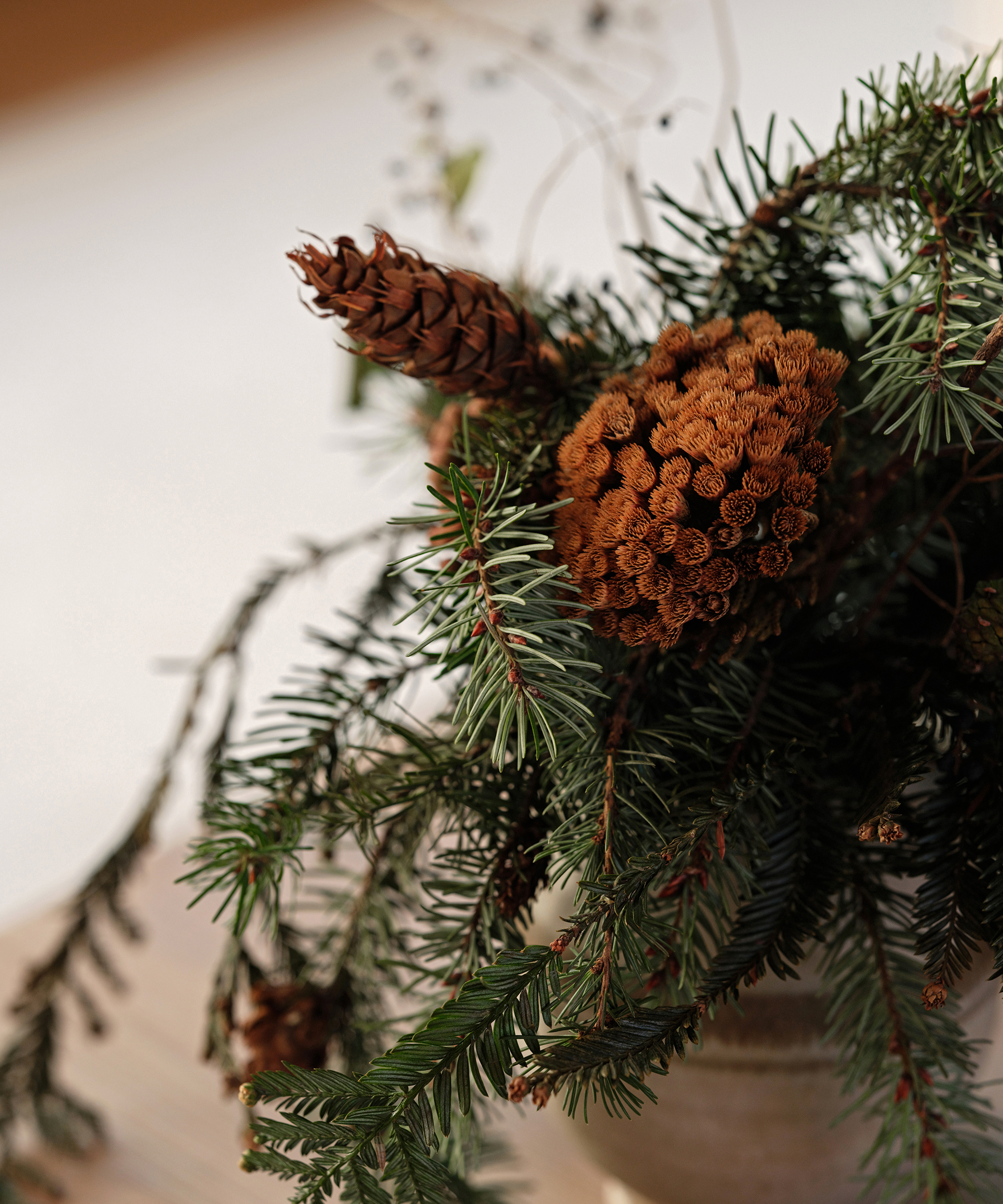 A close-up of a rustic floral arrangement perfect for holiday decorating, featuring green pine branches, a pinecone, and a round, textured brown seed pod in a ceramic vase. The background is softly blurred.