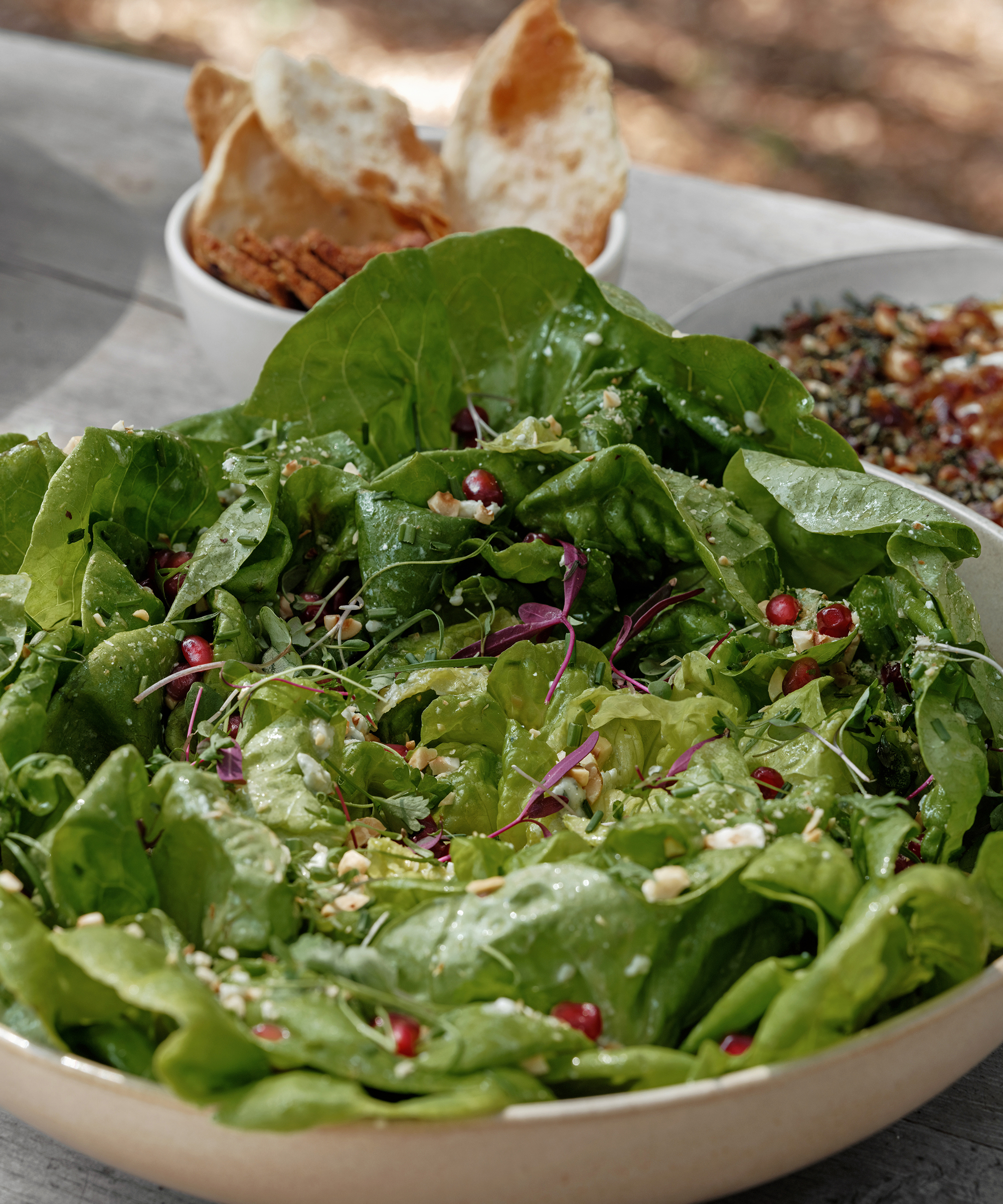 a butter lettuce salad in a white ceramic bowl