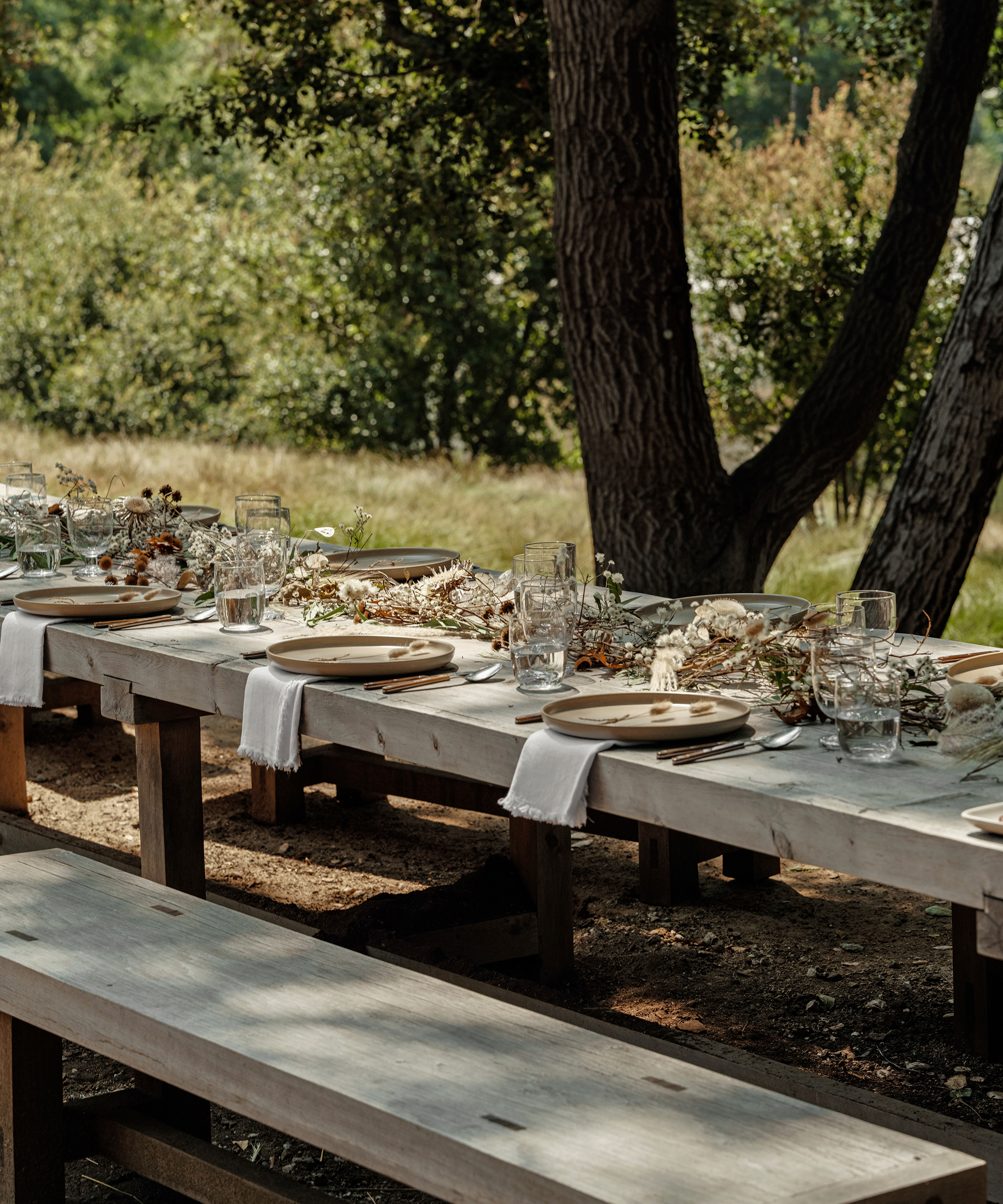 outdoor dining table with taupe plates and white linen napkins under the trees