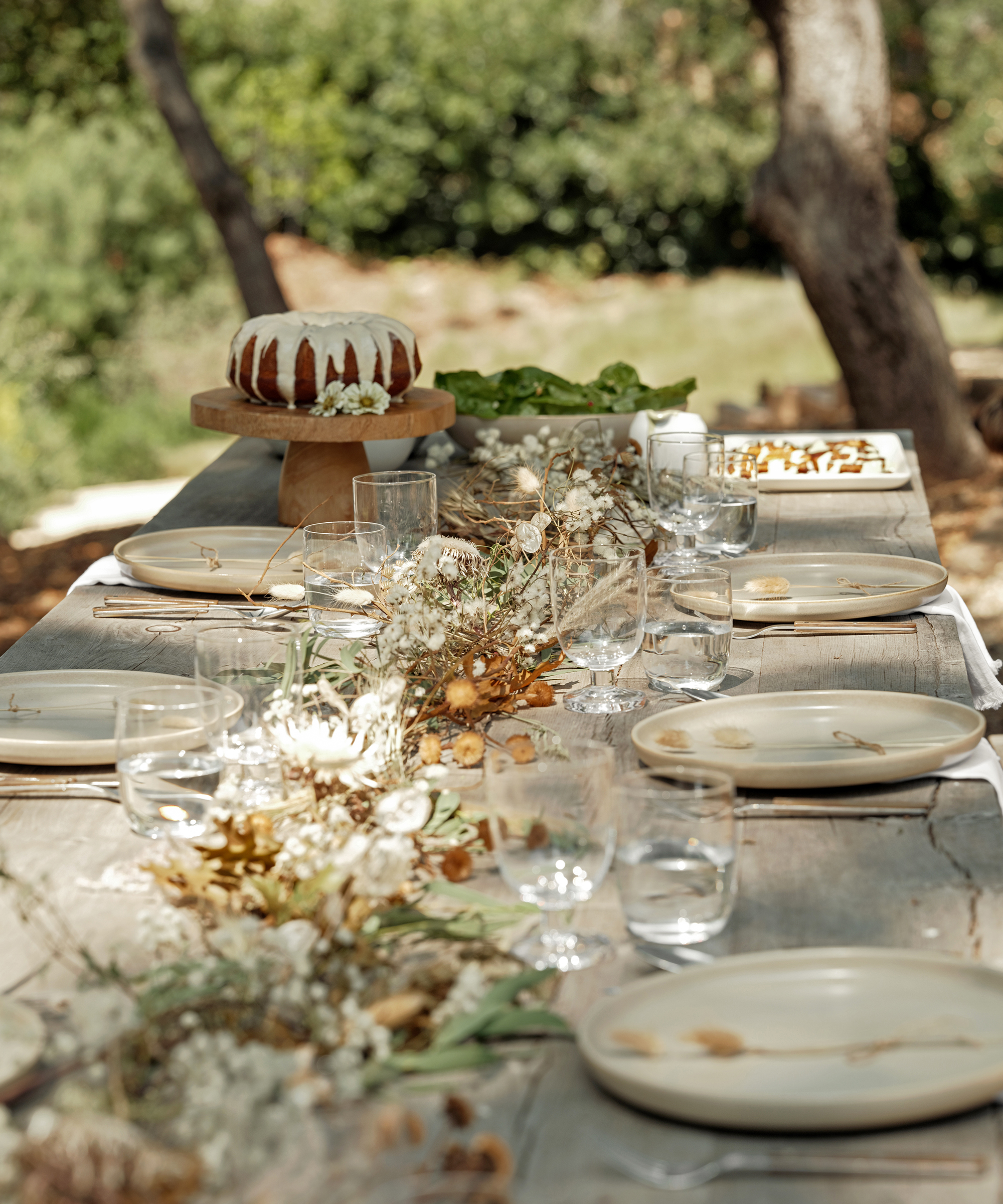 A rustic outdoor table is set with cream-colored plates, clear glasses, and a centerpiece of dried flowers. A bundt cake and festive snacks evoke the warmth of thanksgiving recipes, with greenery adding charm to the inviting scene.