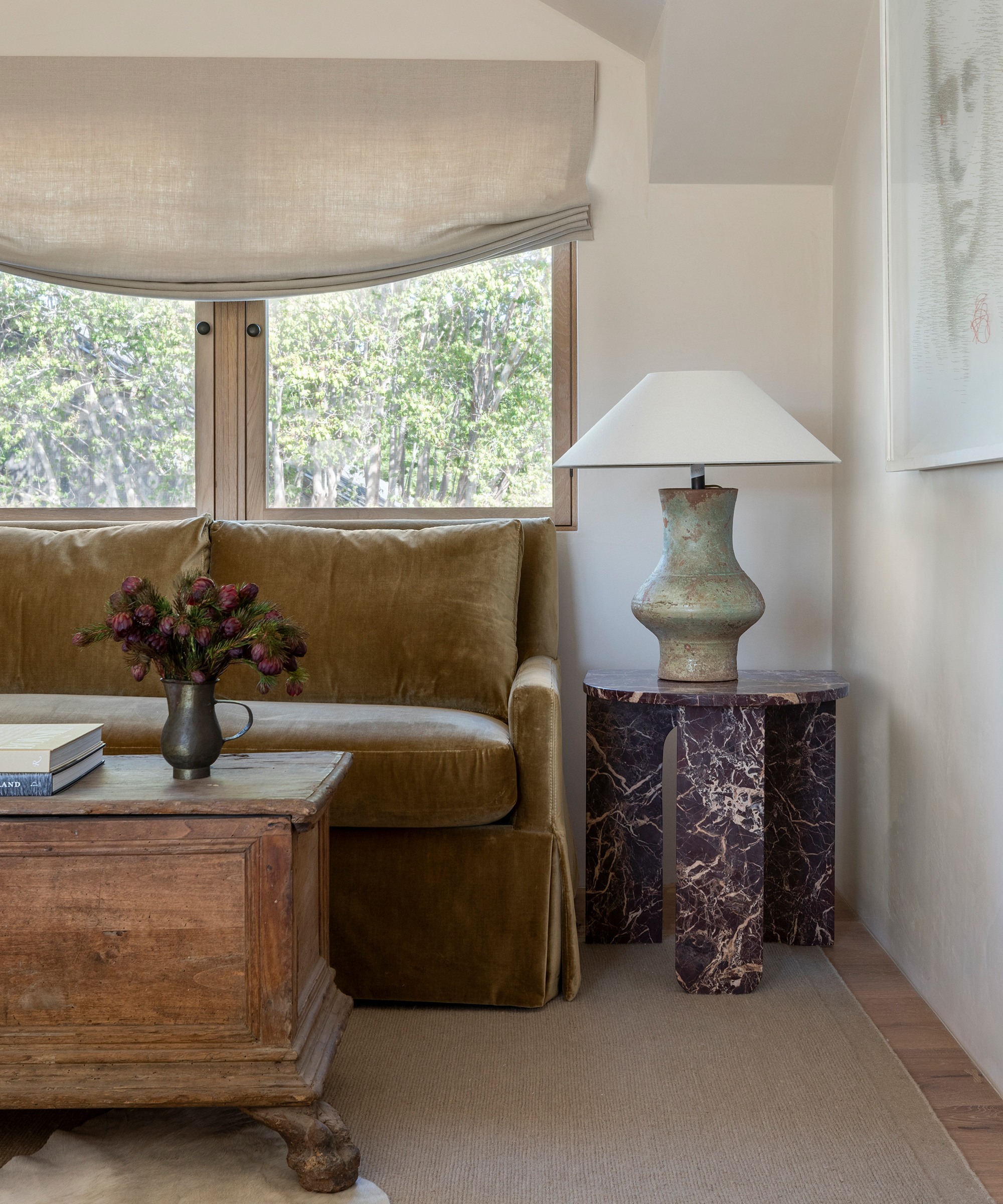 marie-flanigan-home-tour-velvet-couch-marble-side-table