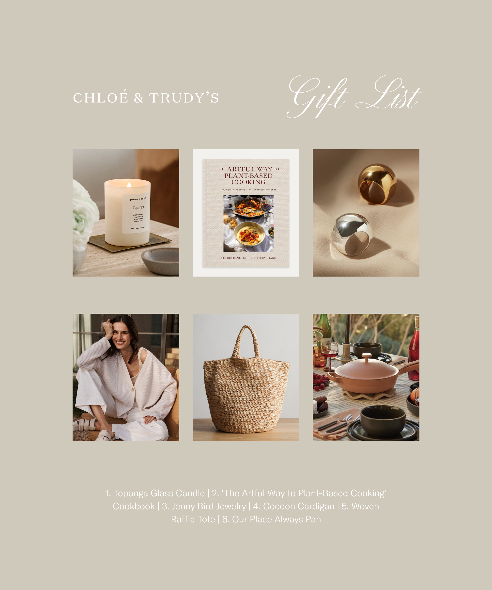 A curated gift list featuring a candle, a plant-based cookbook by chloe crane leroux, gold and silver rings, a woman in a cozy cardigan, a woven tote bag, and a pastel pink pan on the kitchen table.