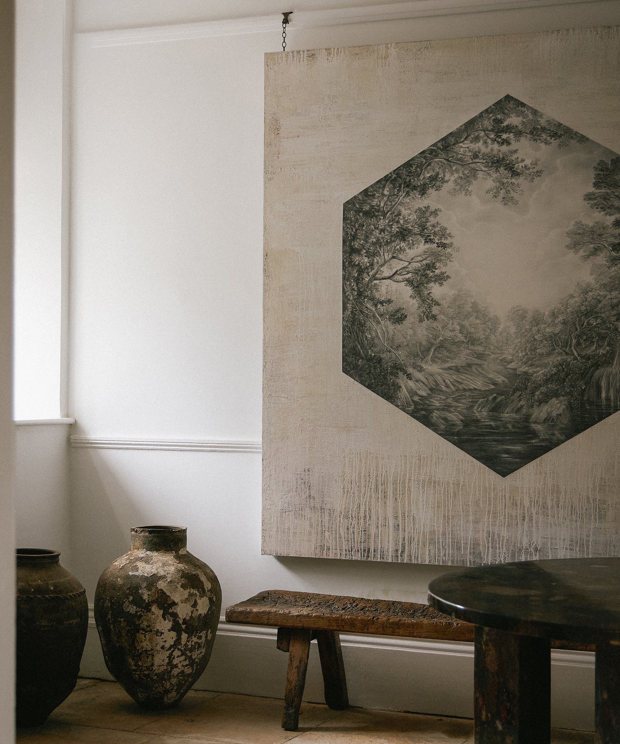 lauren-olivia-design-home-tour-wooden-bench-large-vessels-wall-hanging
