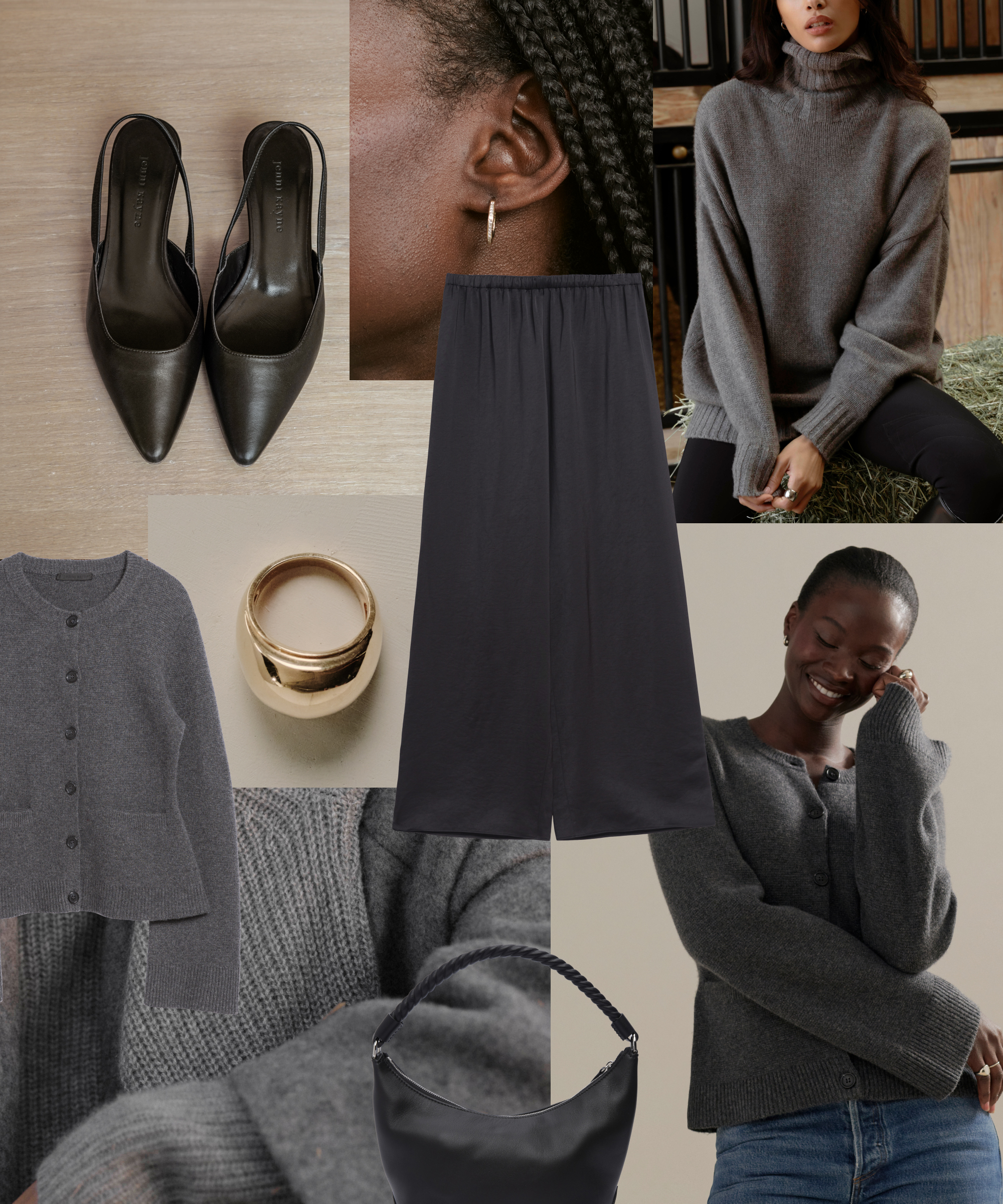 A collage featuring black heeled shoes, gold rings, a black skirt, and a black handbag highlights fall fashion, as women in grey knit sweaters and cardigans smile and pose against neutral backgrounds.