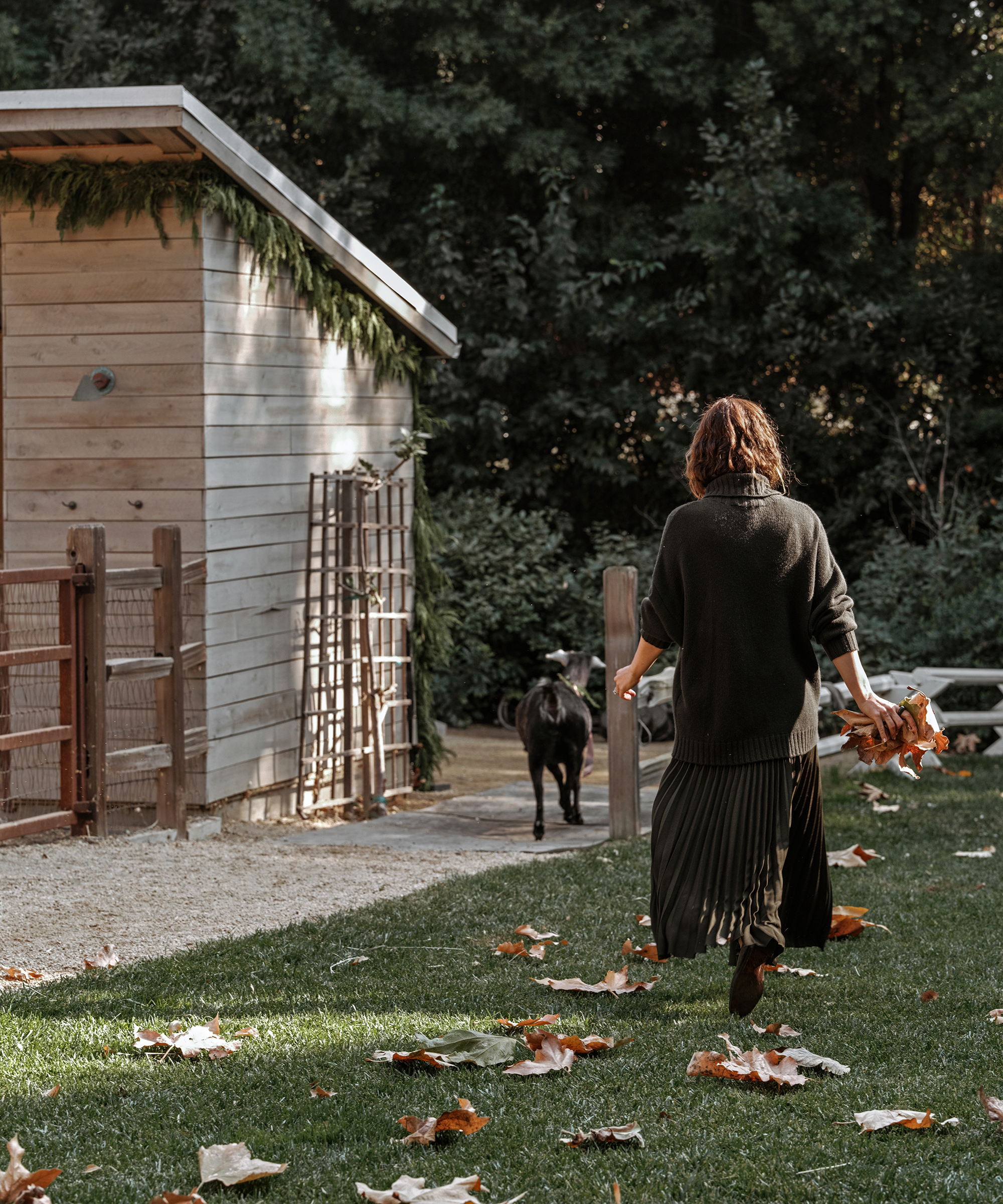 A person walks barefoot on grass covered with fallen leaves, holding more leaves, heading towards a brown goat near a wooden shed and trees in the background—capturing the relaxed spirit of holiday dressing outdoors.