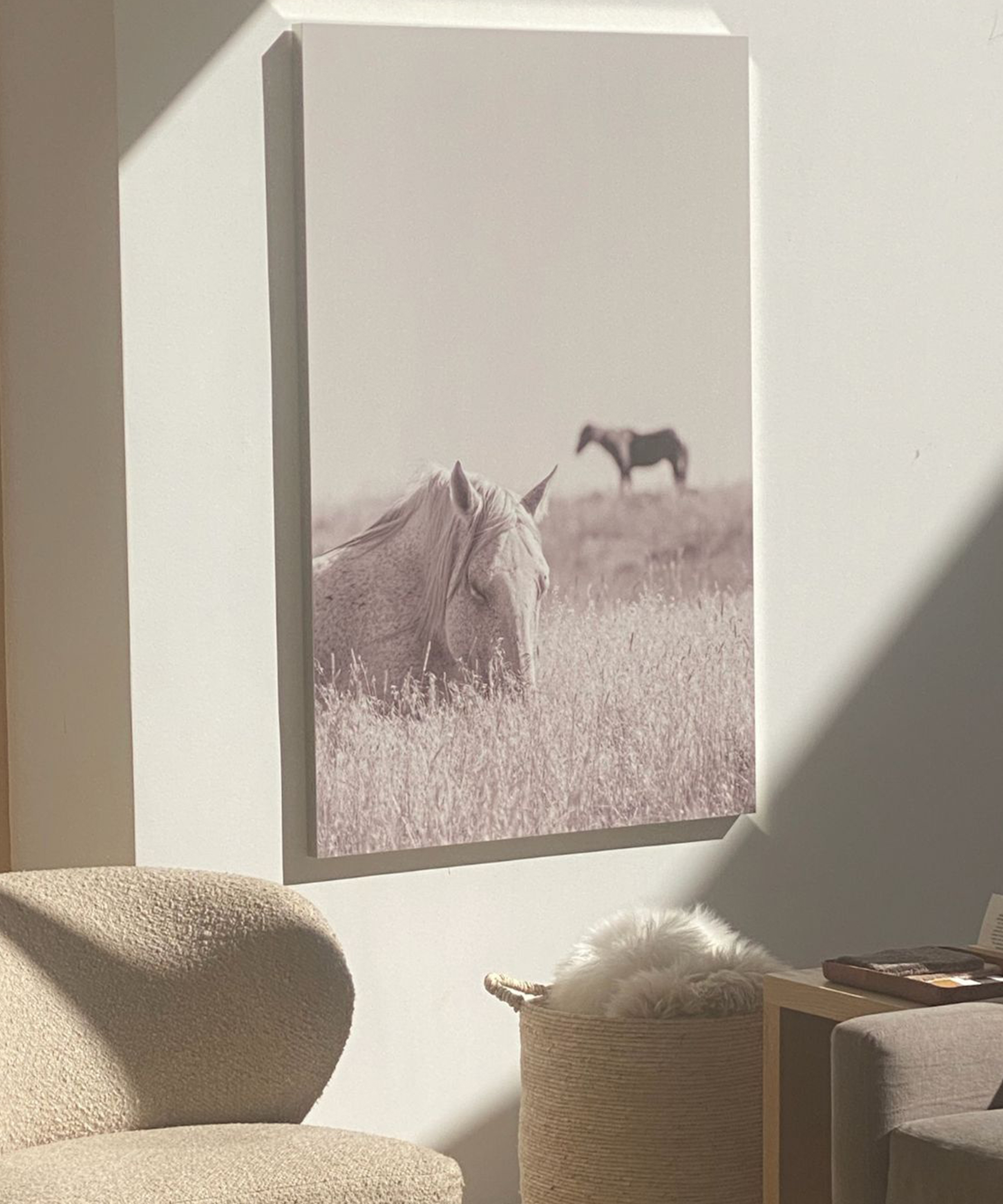a photo of horses and a boucle accent chair