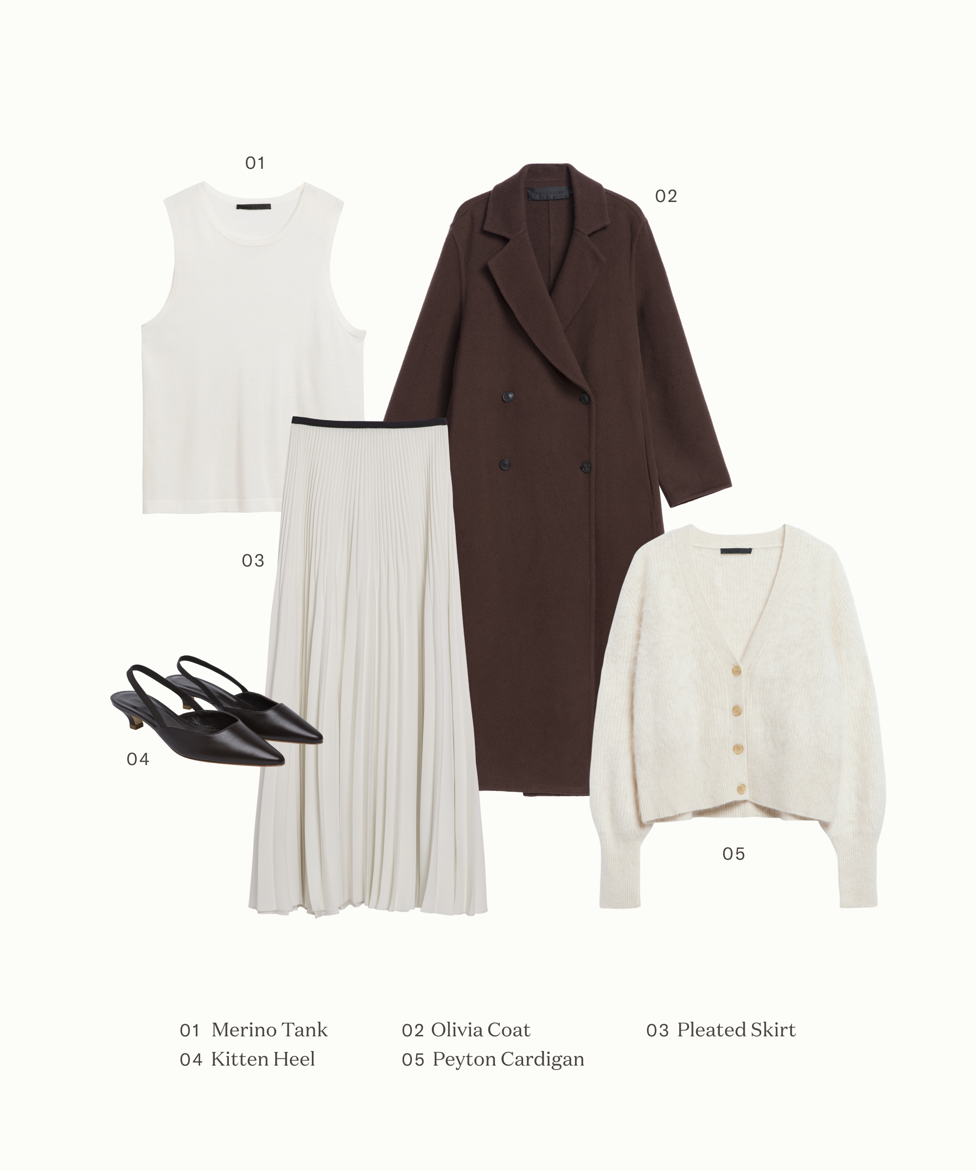 a graphic of a pleated skirt outfit idea with a coat and heels