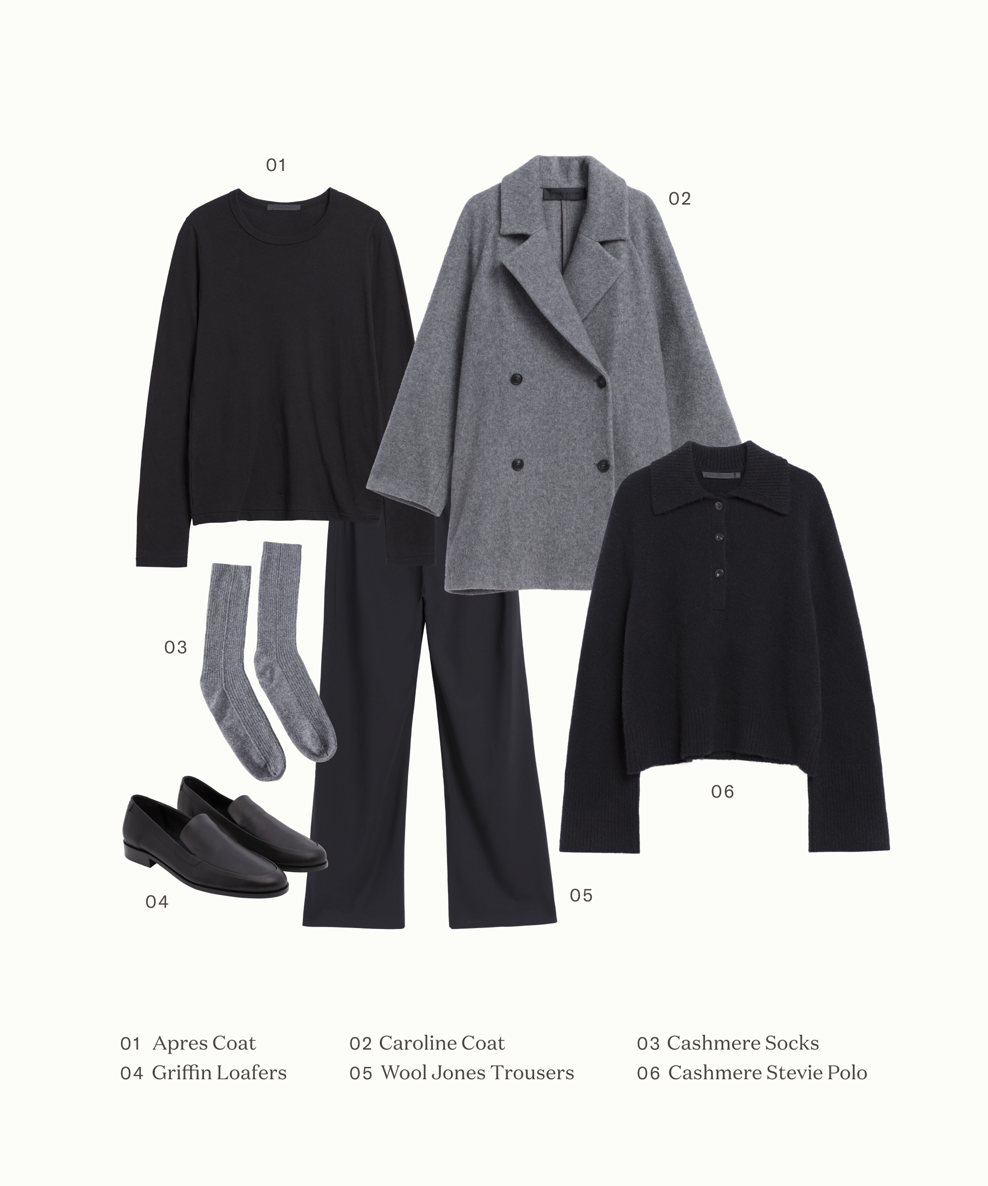 Flat lay of a minimalist outfit featuring smart layering: a black long-sleeve top, grey double-breasted coat, grey socks, black trousers, loafers, and a black collared sweater, all arranged on a light background.