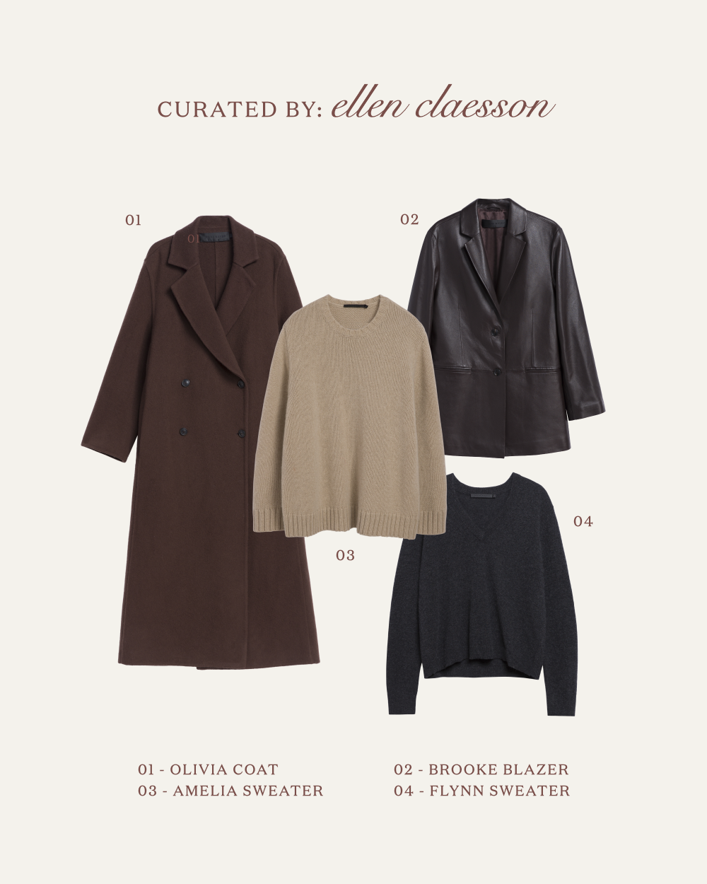 Four neutral fall wardrobe pieces on a cream background: a long brown coat, a black leather blazer, a beige knit sweater, and a dark gray knit sweater. Curated by Ellen Claesson for timeless seasonal style.
