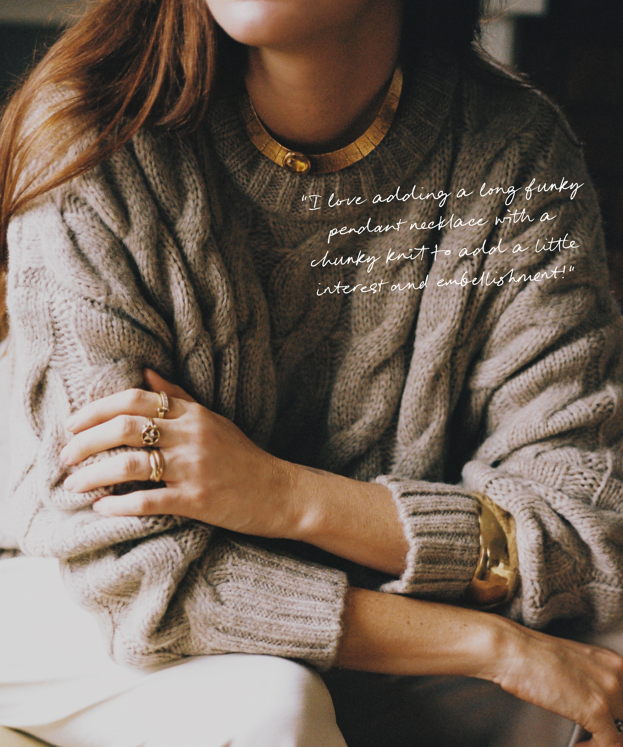 the cable serena sweater in oatmeal with a text overlay
