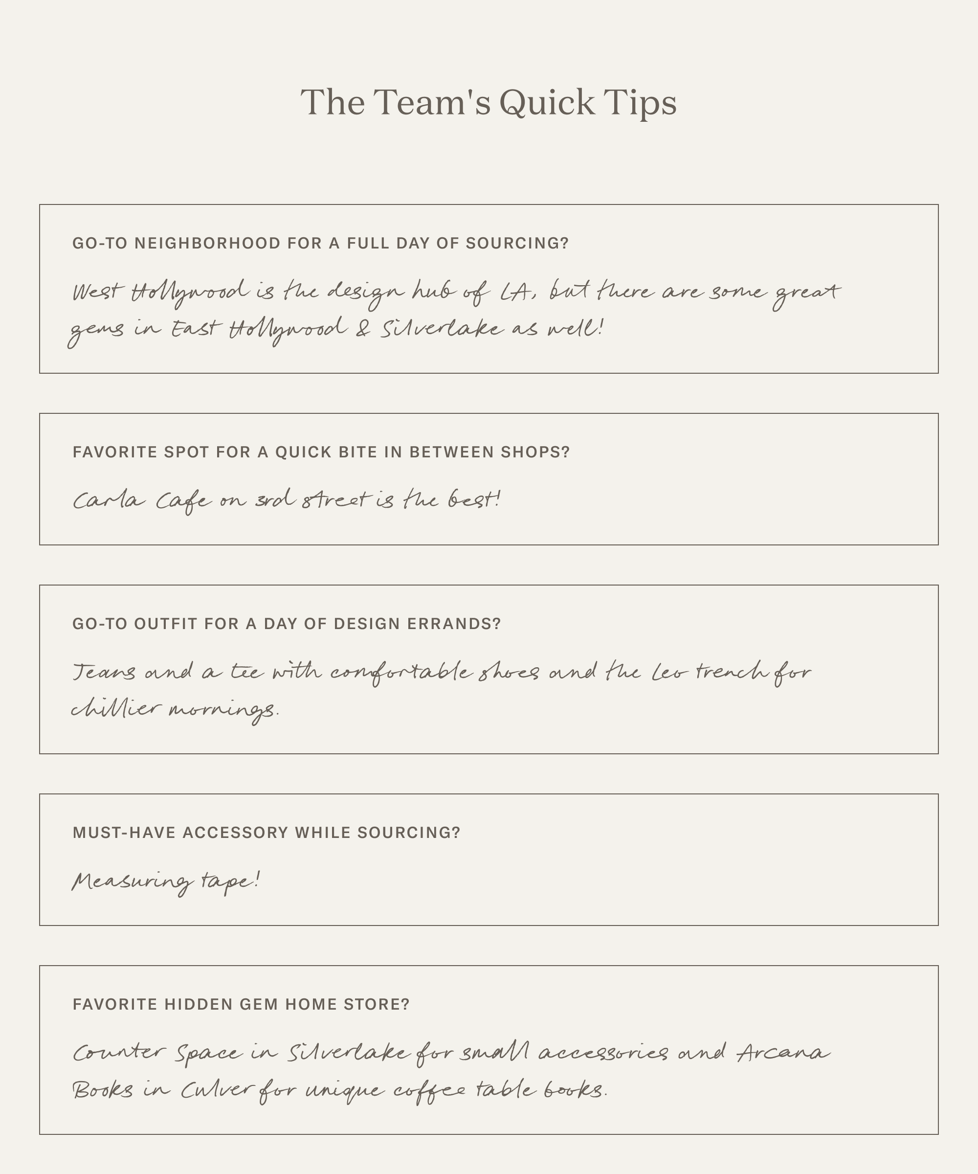 A beige graphic titled The Teams Quick Tips displays five sourcing tips in boxes, including favorite neighborhoods, cafes, outfits, accessories, and hidden home stores, with handwritten-style answers for each.