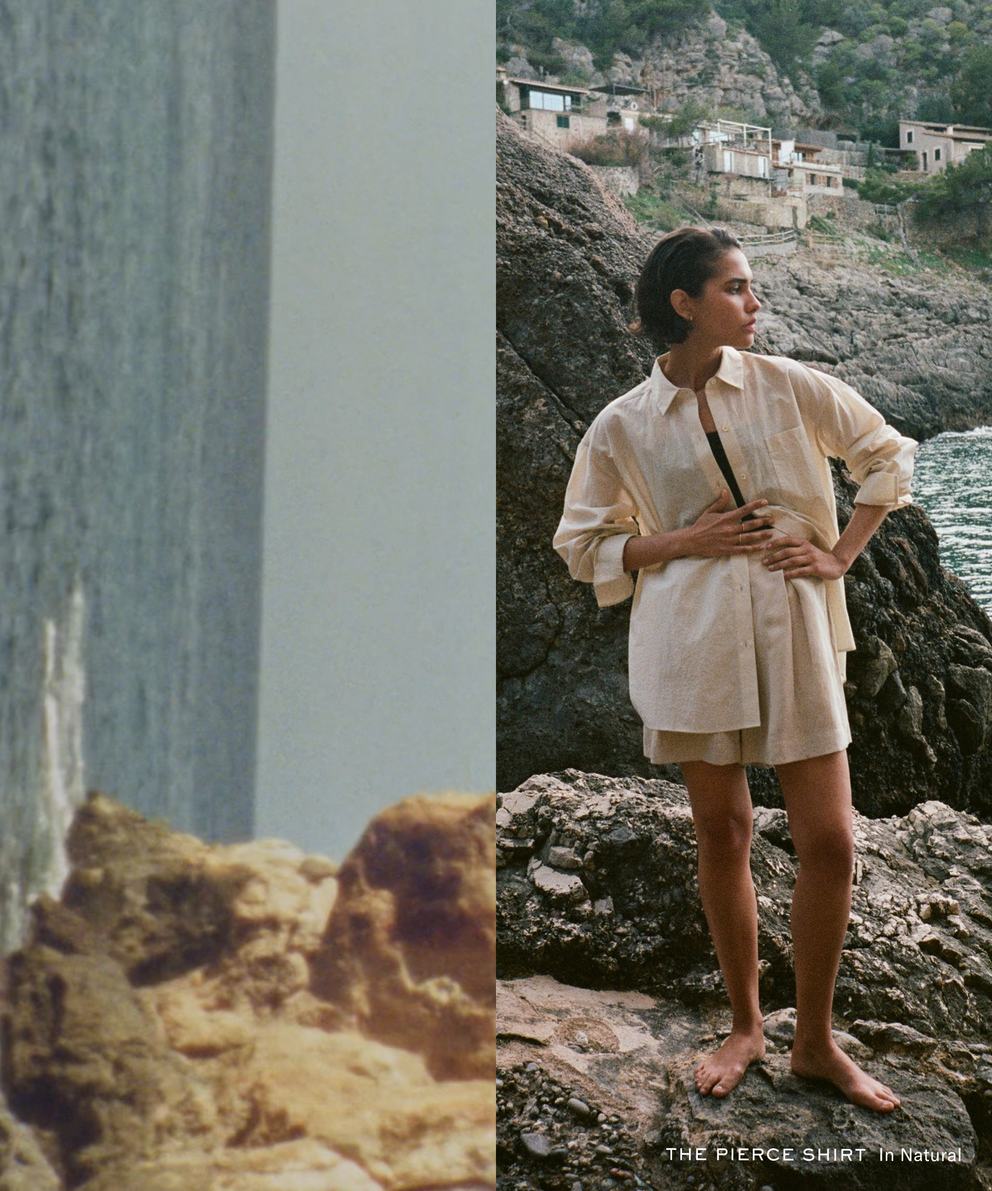 a model wearing an ivory button up and shorts standing on rocks next to an image of the ocean