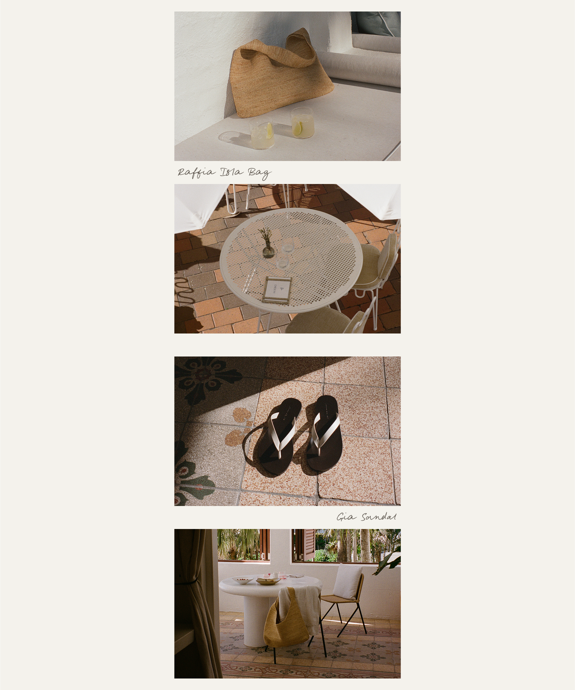 A collage of four photos: a straw bag and drinks on a white table; a round patio table with a vase and book; black sandals on the tiled floor; a straw bag hanging on a chair. Handwritten labels add charm in this Olive Cooke-inspired scene.