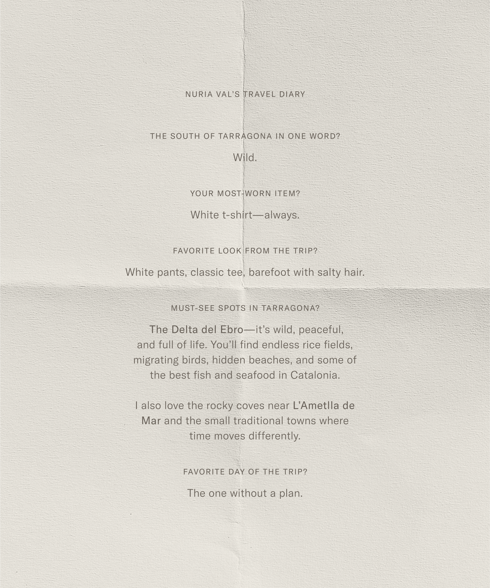 Beige paper with printed text titled Nuria Val’s Travel Diary, Q&A style, discussing Tarragona: describing it as wild, noting a favorite white t-shirt, beach style, recommending Delta del Ebro, and loving coastal and traditional towns.