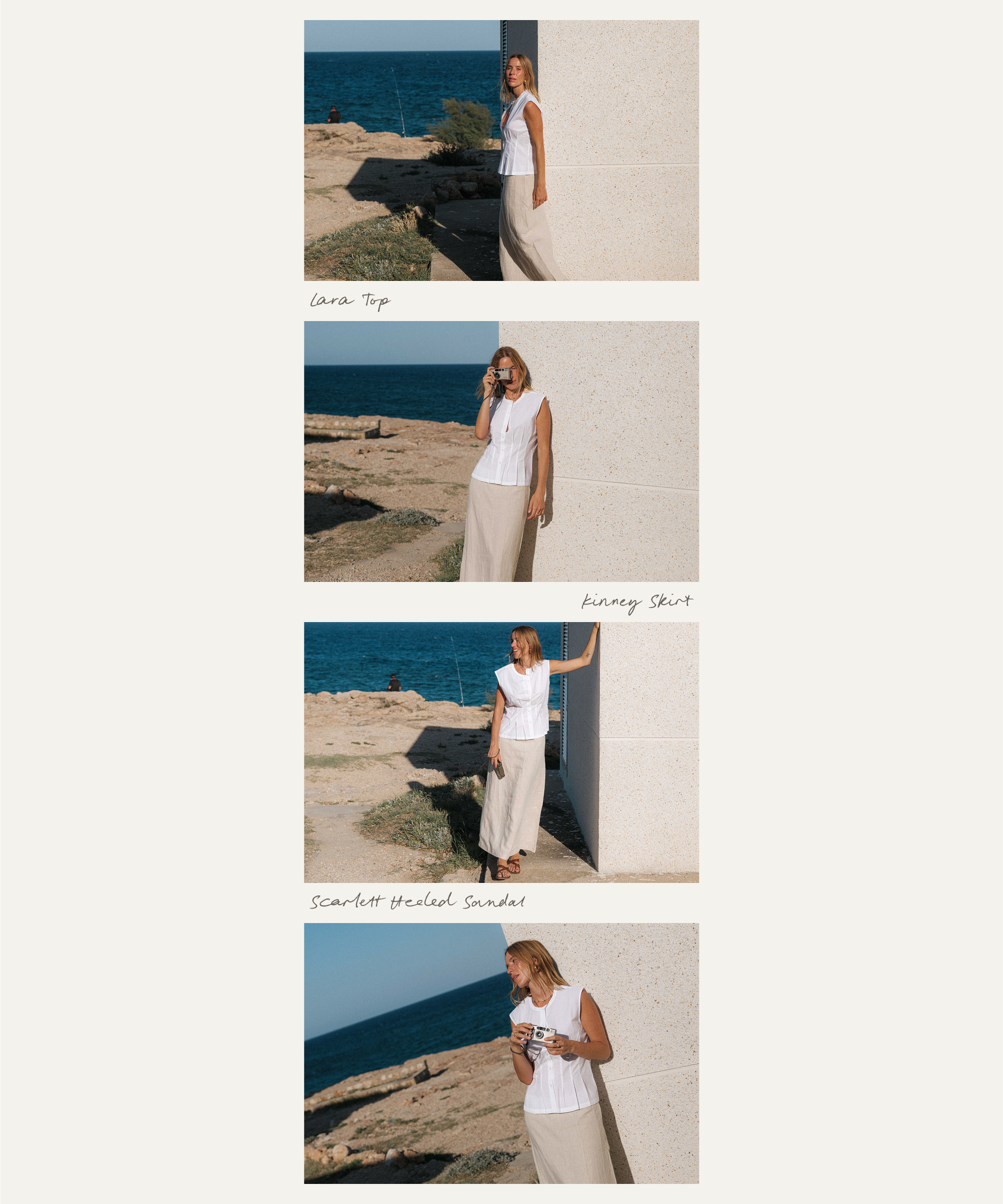 Nuria Val models by the sea in four outdoor photos, wearing a sleeveless white top, beige maxi skirt, and strappy sandals—labeled “Lora Top,” “Kinsey Skirt,” and “Scarlett Heeled Sandals.”.