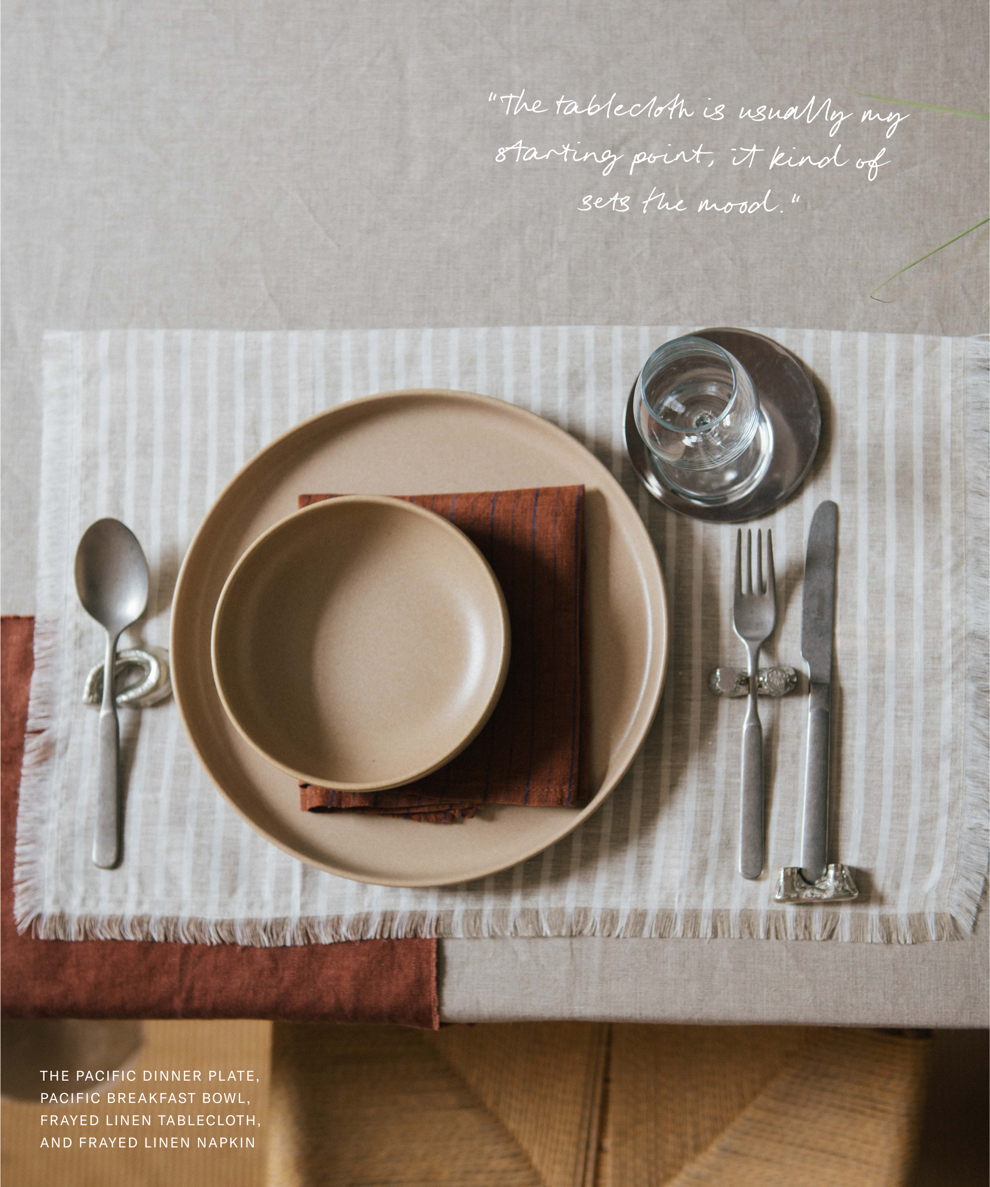 A beige plate and bowl, brown napkin, and silverware are arranged on a striped linen placemat atop a tan tablecloth. A glass and napkin ring sit beside the plate. Handwritten text, a caption, and Kirthanaa Naidus name appear in the image.