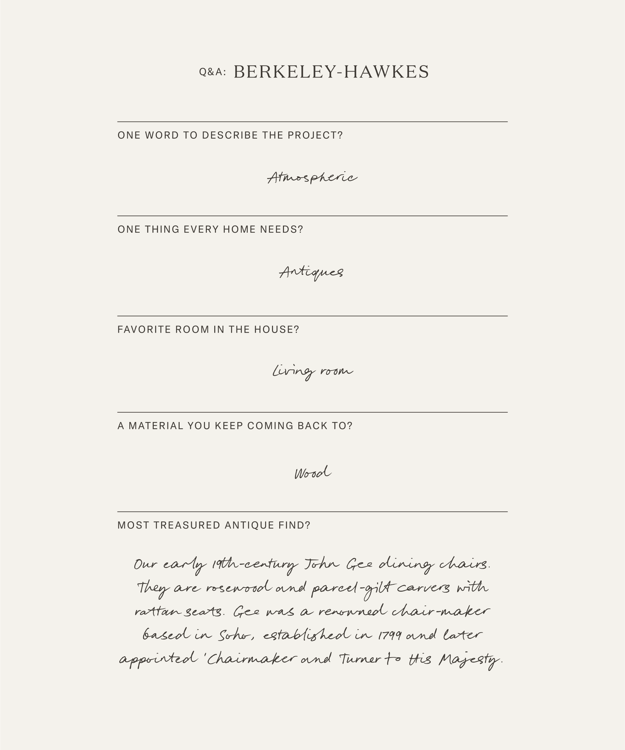 A Q&A page titled Berkeley-Hawkes showcases handwritten answers on home decor preferences, highlighting antiques, wood accents, a favorite living room, and treasured John Gee antique chairs.