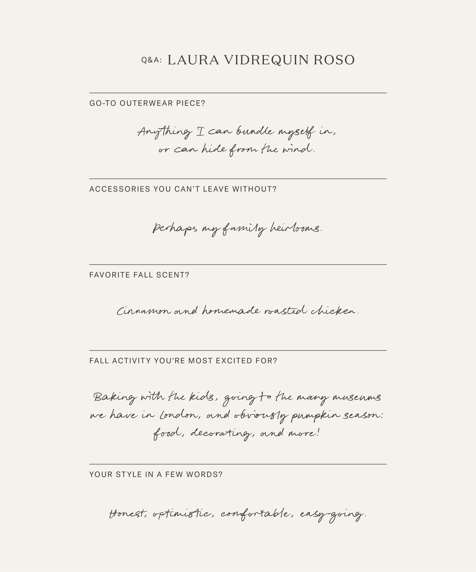 A Q&A with Laura Vidrequin Roso featuring her handwritten answers about go-to outerwear, favorite accessories, fall scent, autumn activities, and personal style, all set against a light beige background.