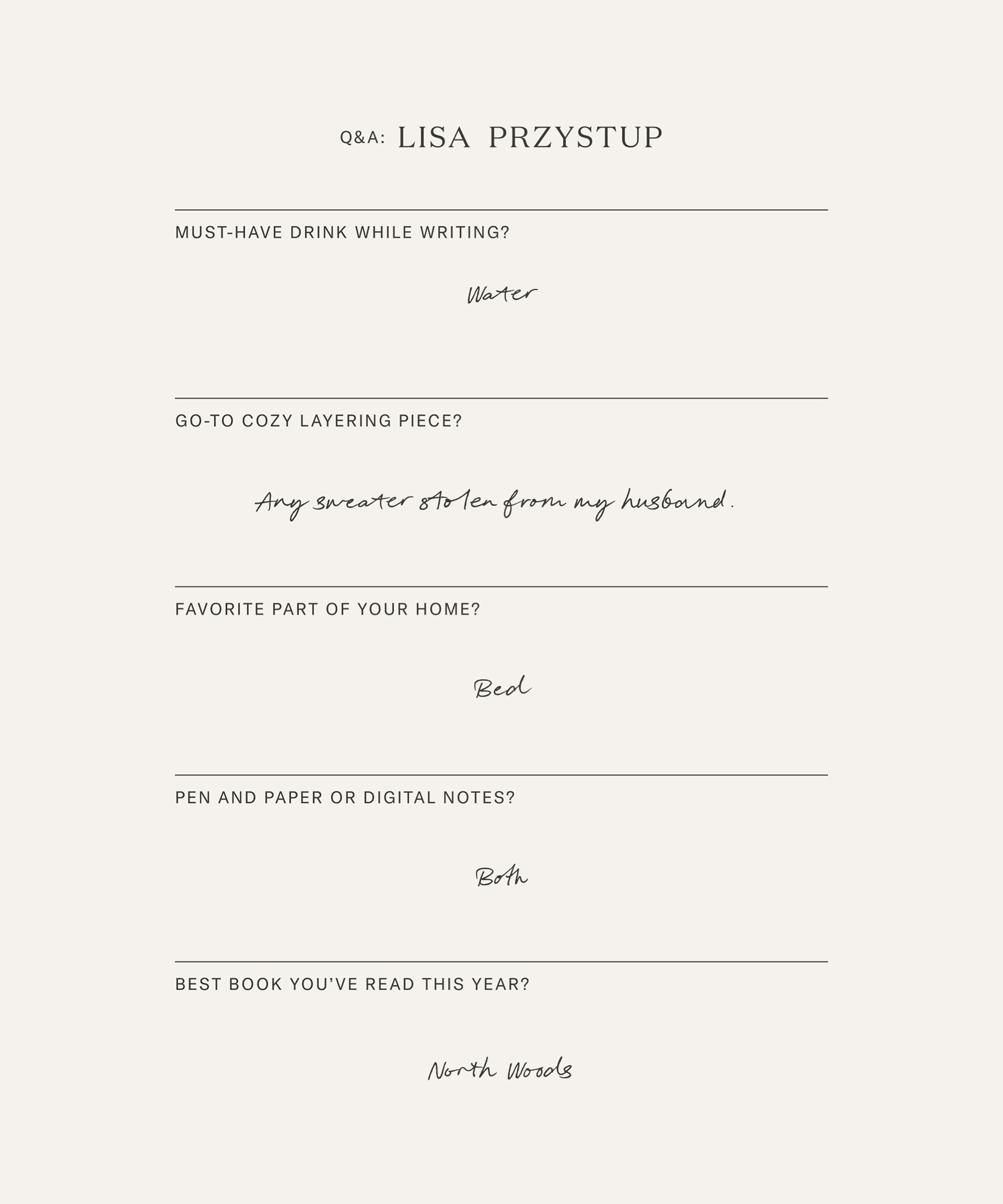 A minimalist Q&A with Lisa Przystup gets down to brass tacks: must-have drink—water; cozy layering piece—any sweater stolen from her husband; favorite part of home—bed; notes—both pen/paper and digital; best book—North Woods.