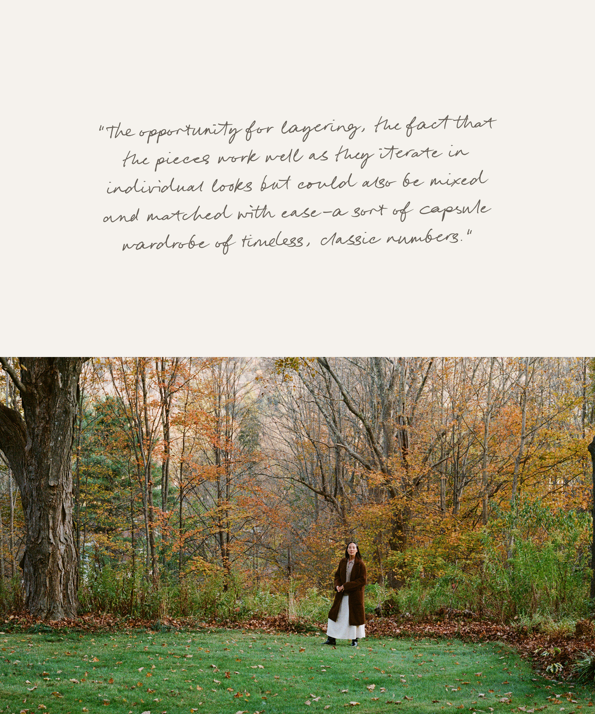 A woman in a long coat stands in a grassy yard surrounded by autumn trees. Above her, a handwritten quote gets down to brass tacks about layering and building a capsule wardrobe of timeless, classic pieces.