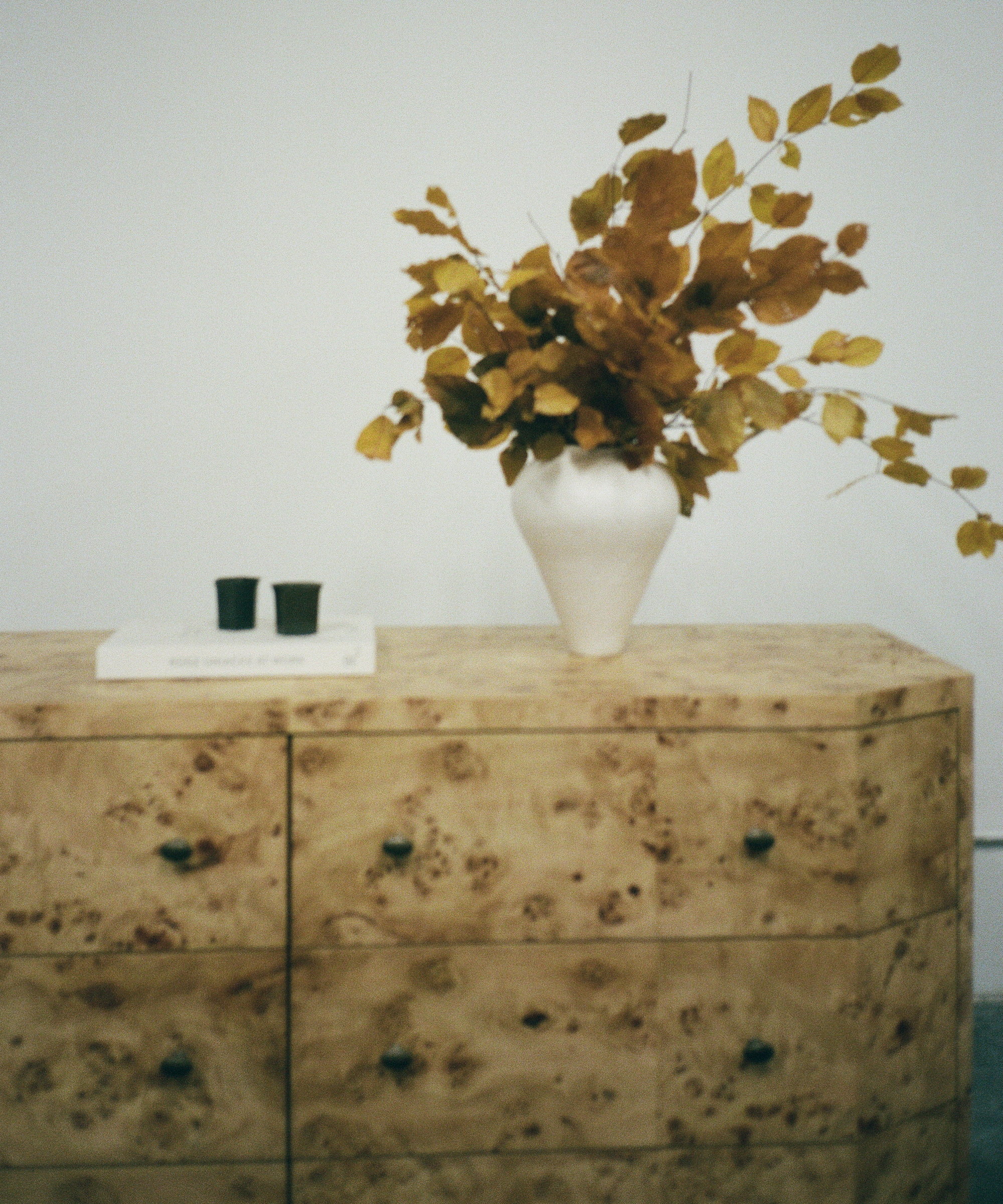 A light wood dresser with black knobs holds a white vase with autumn leaves, a white book, and two small black cups, set against a plain white wall.