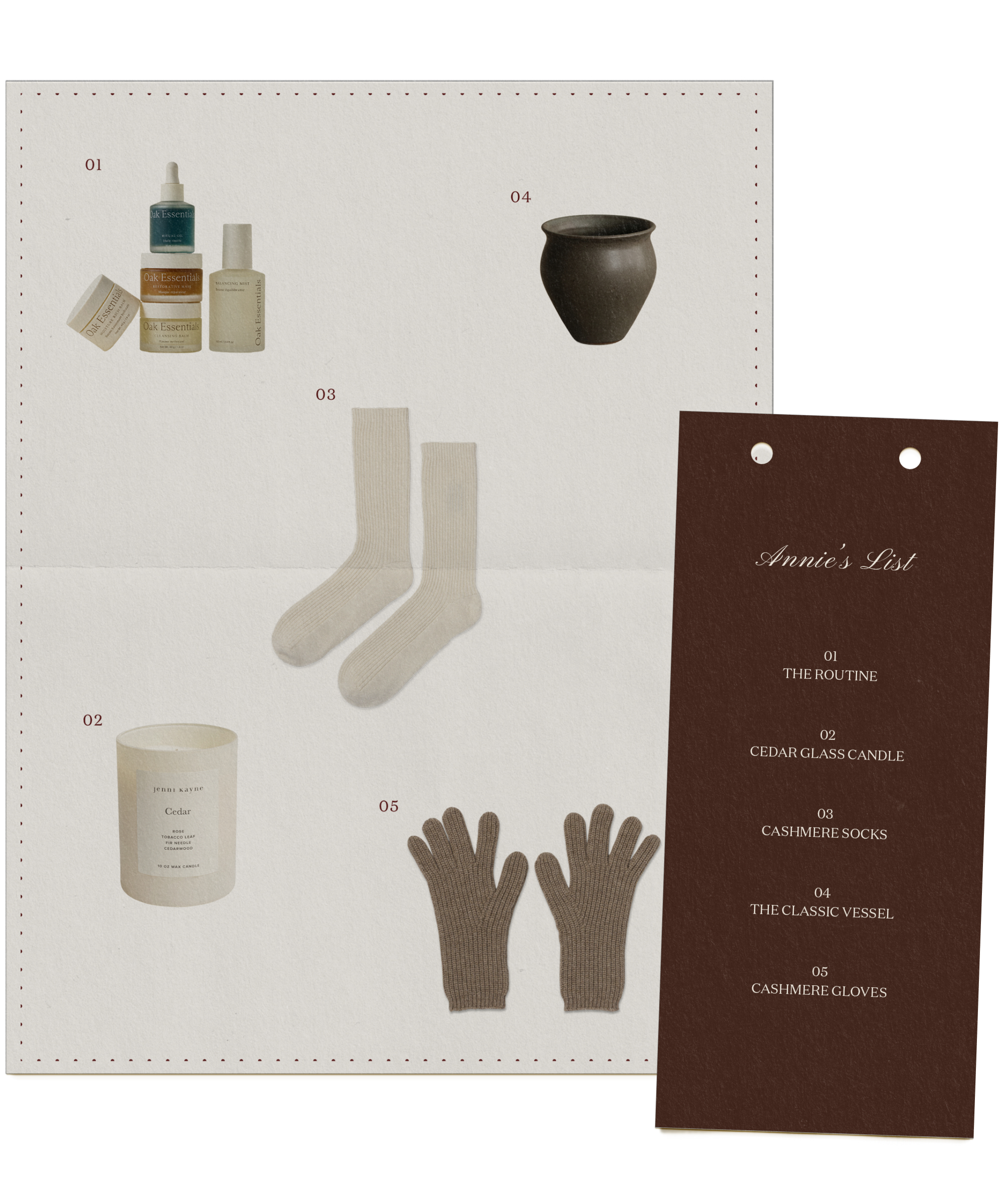 A minimalist collage by This Oak House displays skincare products, a black ceramic vessel, beige socks, a white candle, and taupe gloves. A brown card on the right lists: routine, candle, socks, vessel, and gloves.