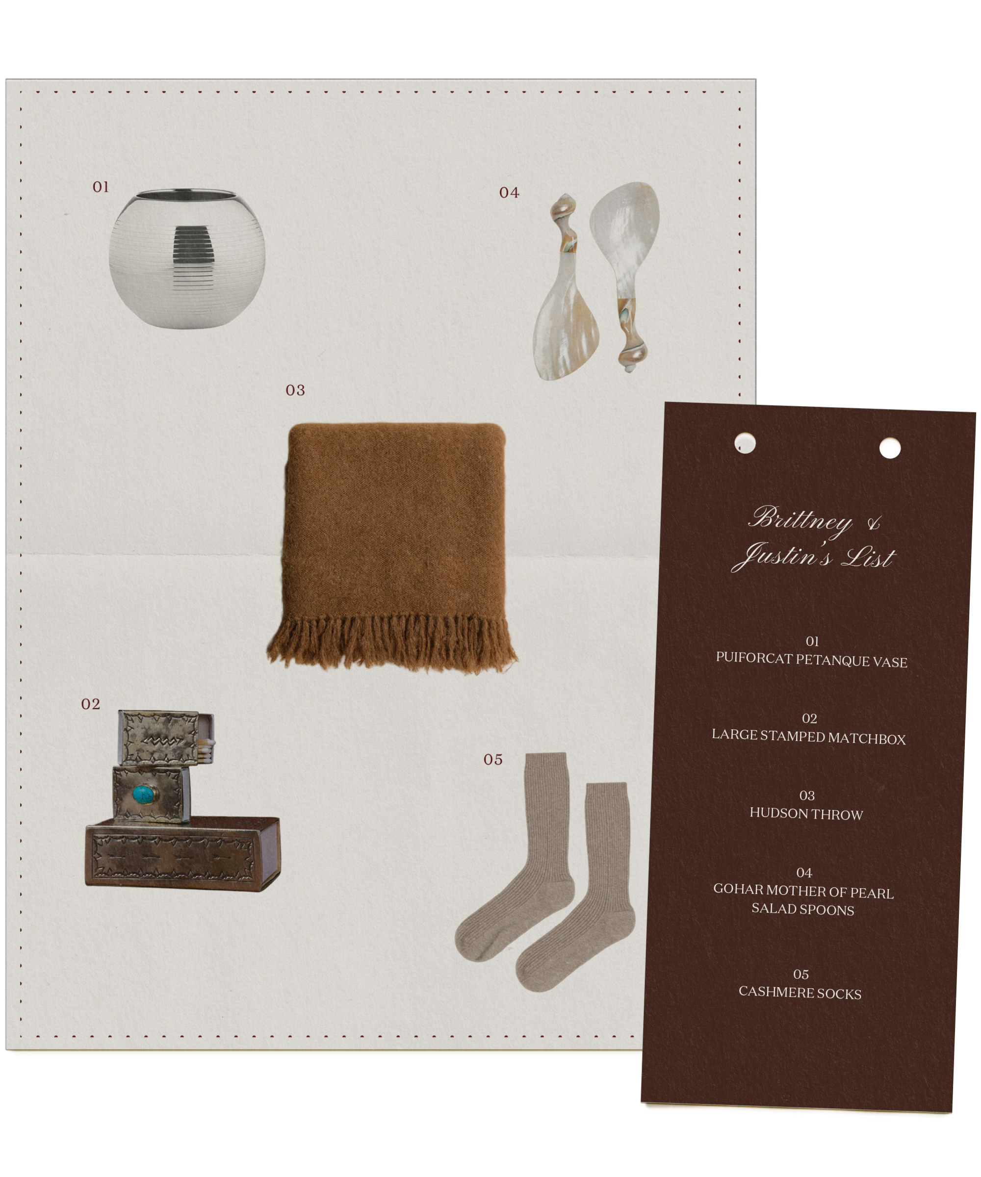 A collage displaying a striped vase, two salad spoons, a brown throw blanket, an ornate matchbox, and a pair of gray socks alongside a note titled “Britney Justin’s List” listing these gift items.