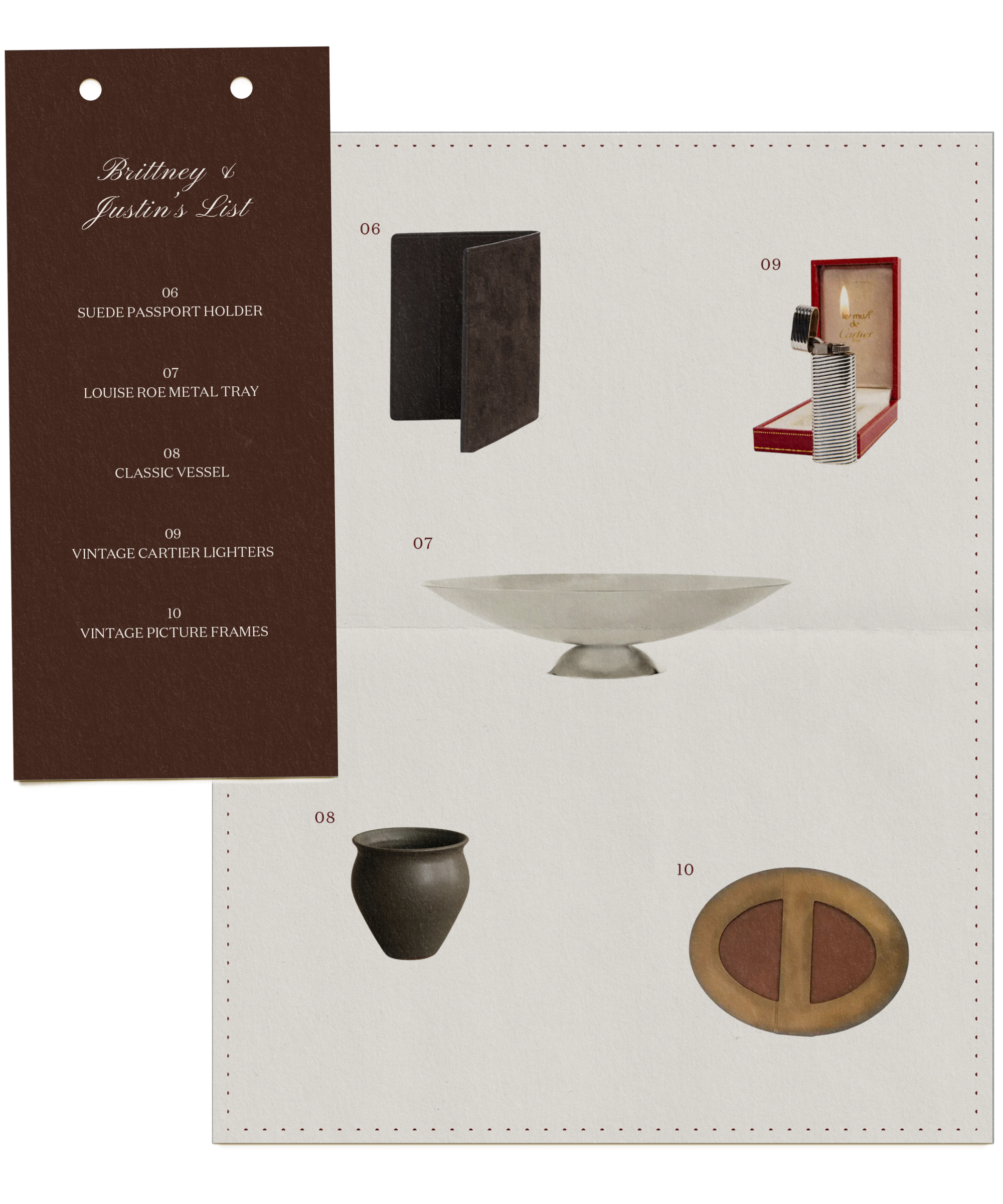 A curated gift list shows a brown suede passport holder, a rectangular metal tray, a shallow classic vessel, a set of vintage lighters in a red box, a round dark pottery vase, and vintage picture frames.