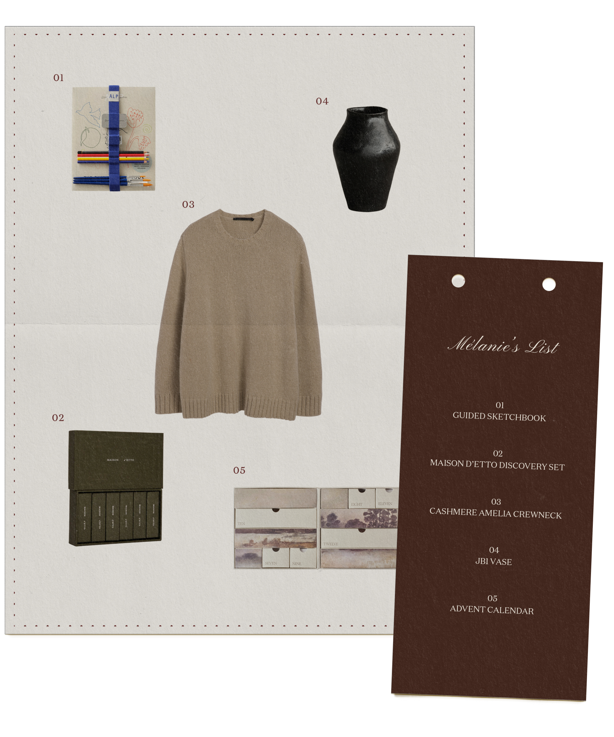 A collage featuring a guided sketchbook, advent calendar, brown sweater, Maison d’Etto discovery set, black ceramic vase, and a dark card listing these items as Mélanie Masarin’s List.