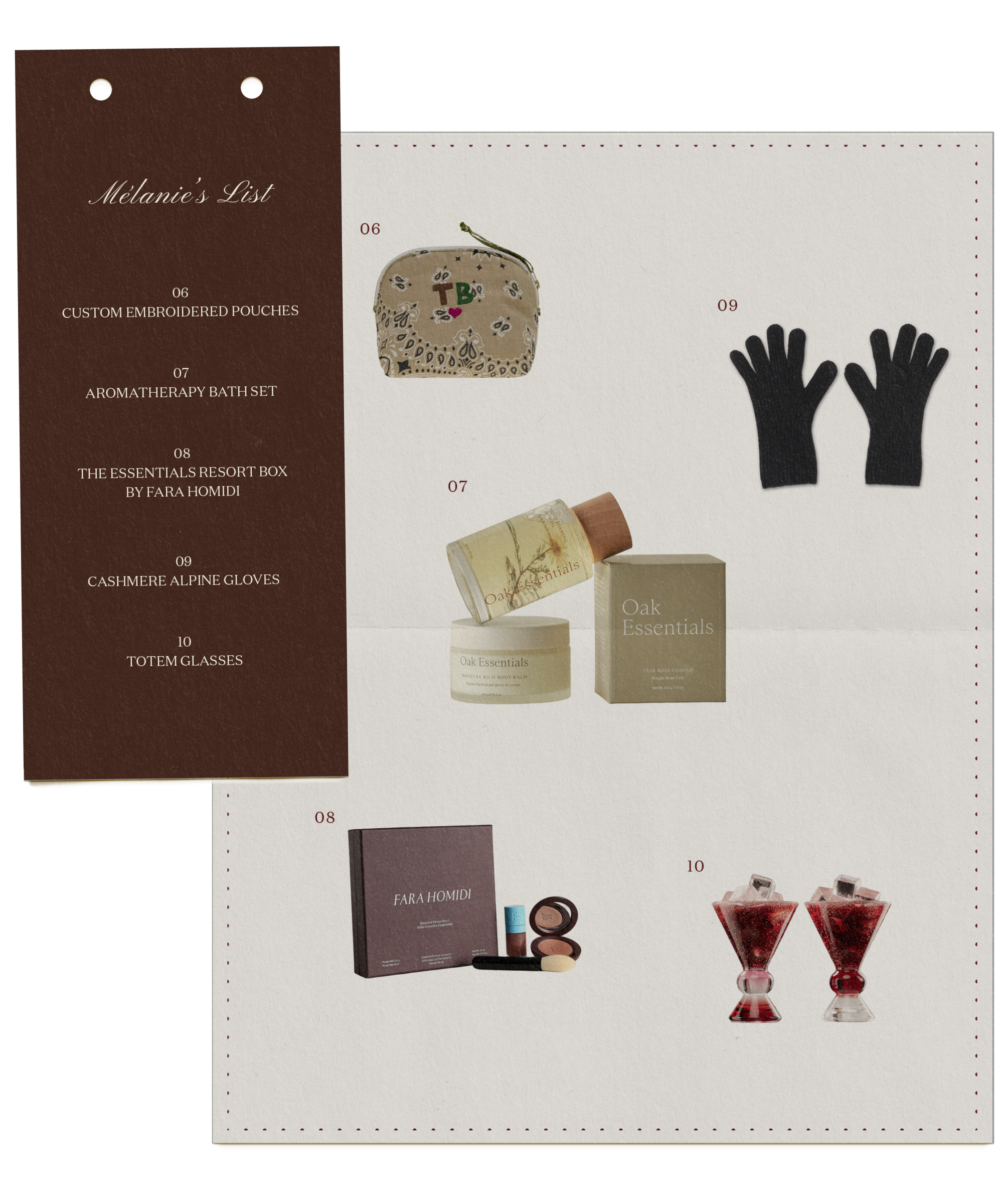 A gift guide titled Mélanie Masarin’s List showcases six items: a floral embroidered pouch, an aromatherapy bath set, black gloves, Oak Essentials skincare, a Fara Homidi resort box, and two glasses with red drinks.