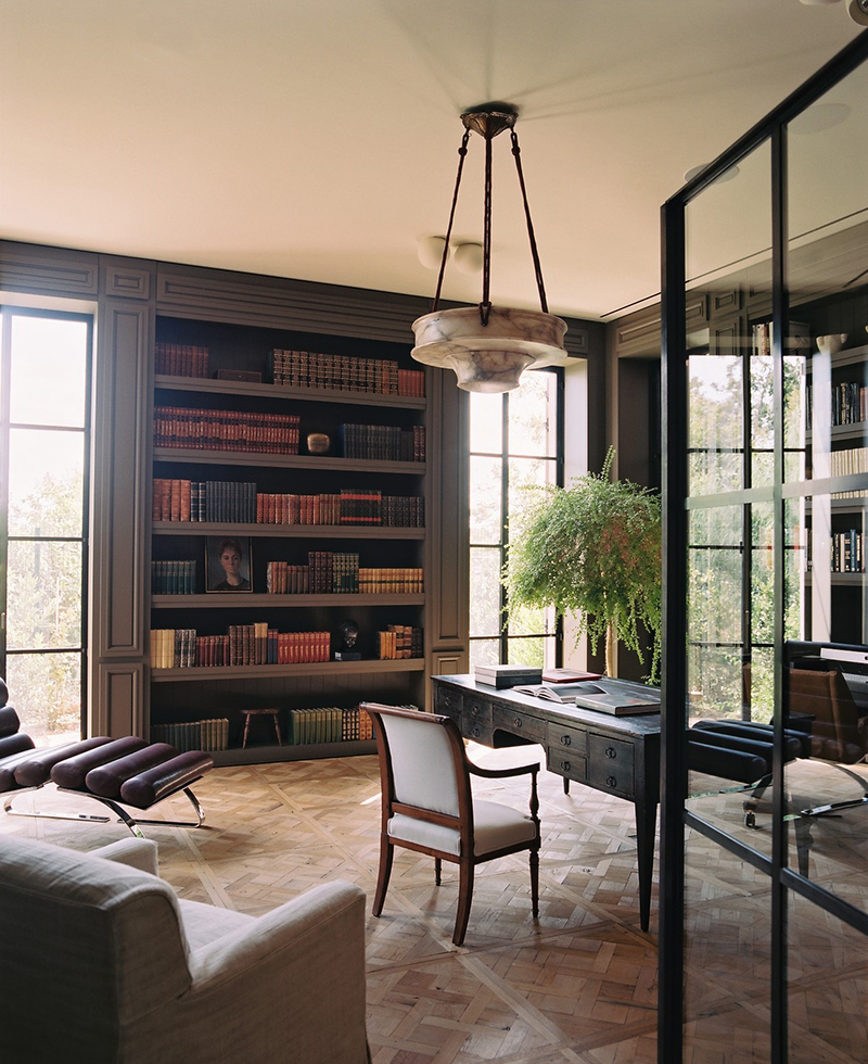 A bright, elegant Tel Aviv home office with tall bookshelves filled with books, large windows letting in natural light, a modern lounge chair, a classic desk and chair, a leafy plant, and a glass door.